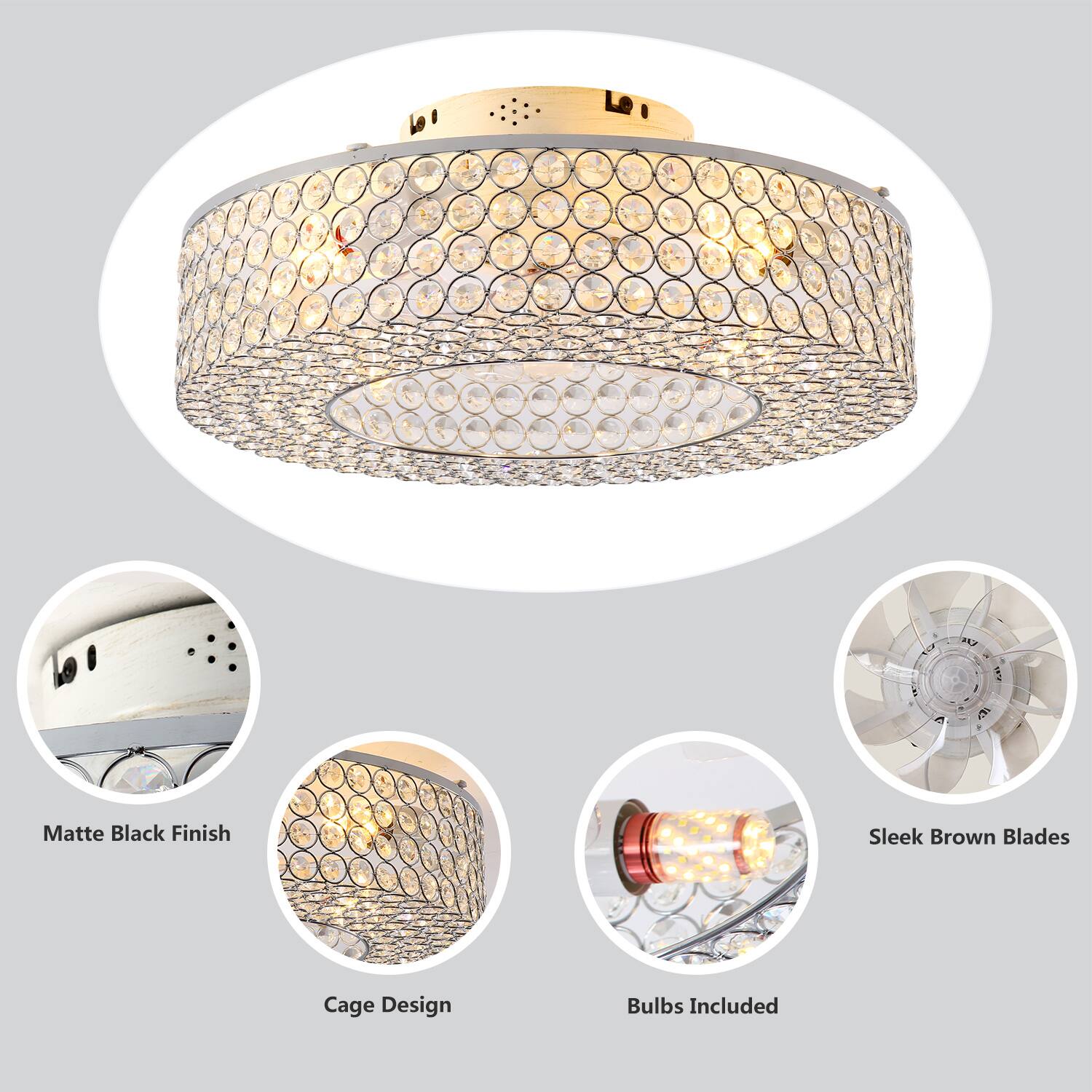 - Matte Black Finish
- Cage Design
- Sleek Brown Blades
- Bulbs Included