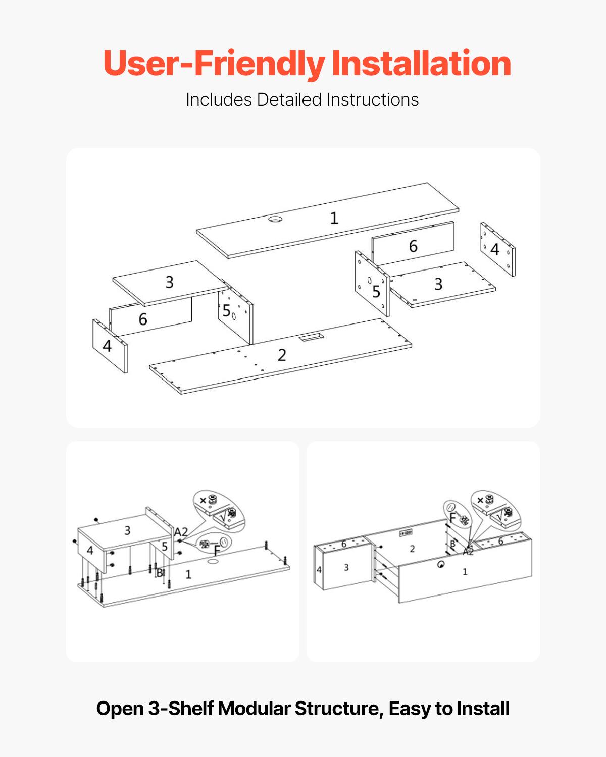 User-Friendly Installation  
Includes Detailed Instructions  

Open 3-Shelf Modular Structure, Easy to Install