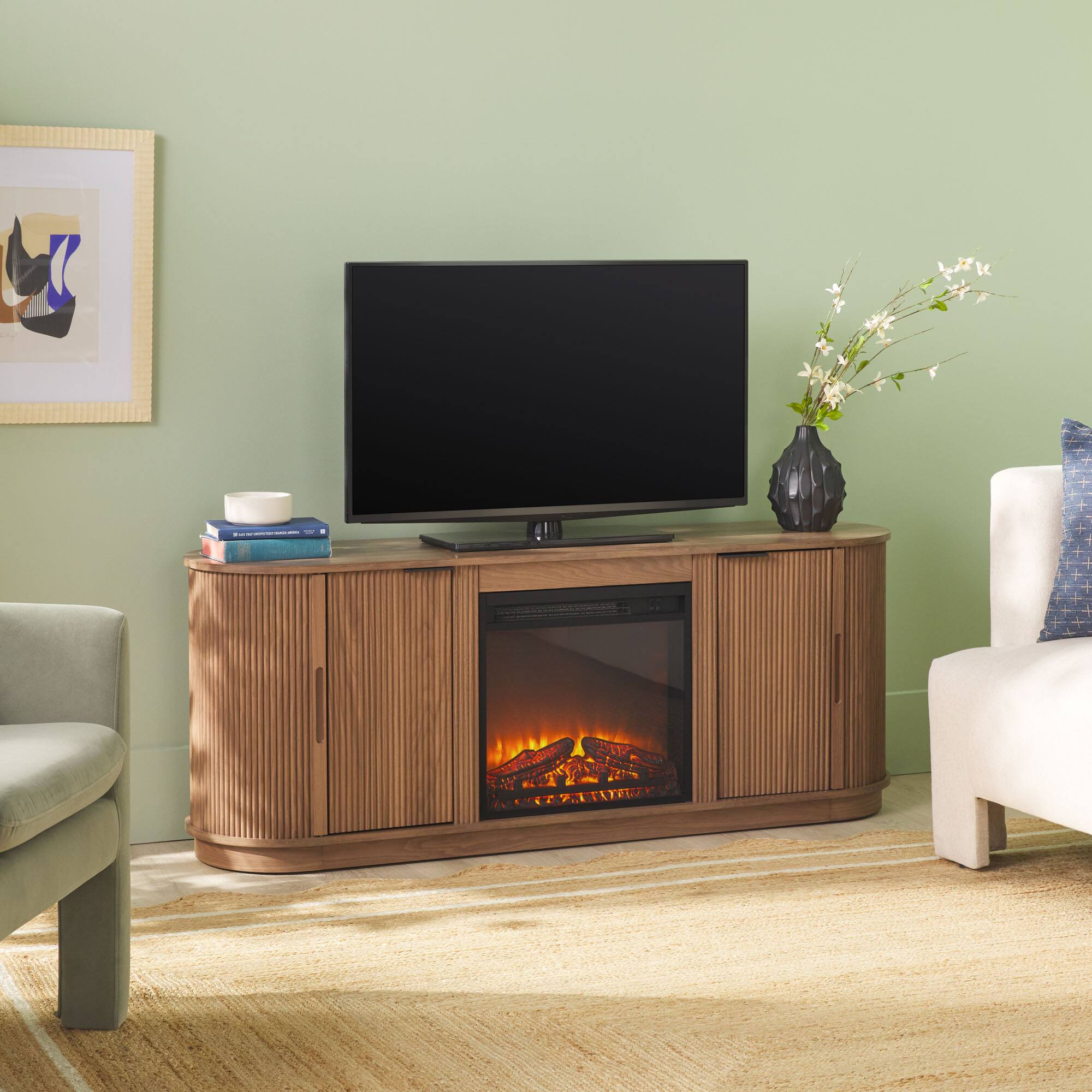 Alt View 33. Walker Edison - Modern Reeded 60” Fireplace TV Stand with Removable Fireplace Insert - Mocha.
