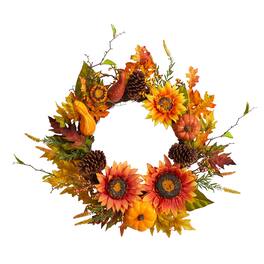BreeBe - 24" Fall Sunflower Pumpkin Pinecone and Berries Wreath - Green
