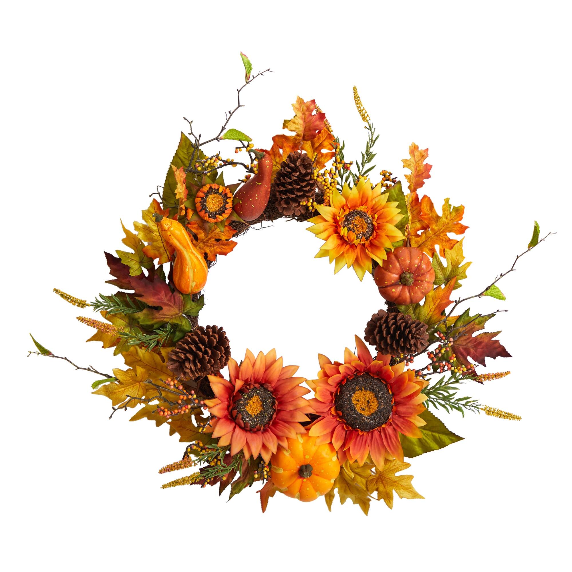 Front. BreeBe - 24" Fall Sunflower Pumpkin Pinecone and Berries Wreath - Green.