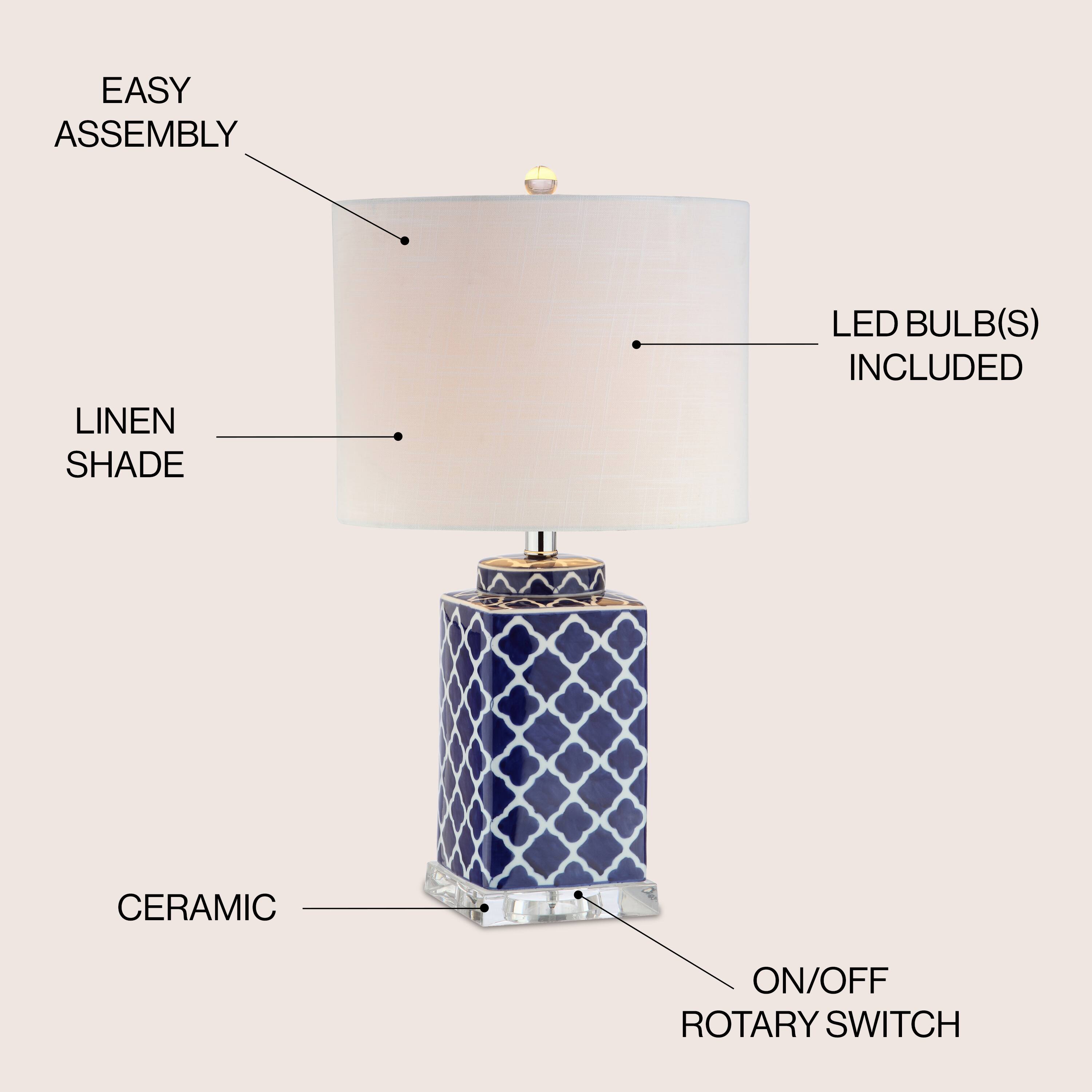 EASY ASSEMBLY  
LINEN SHADE  
LED BULB(S) INCLUDED  
CERAMIC  
ON/OFF ROTARY SWITCH