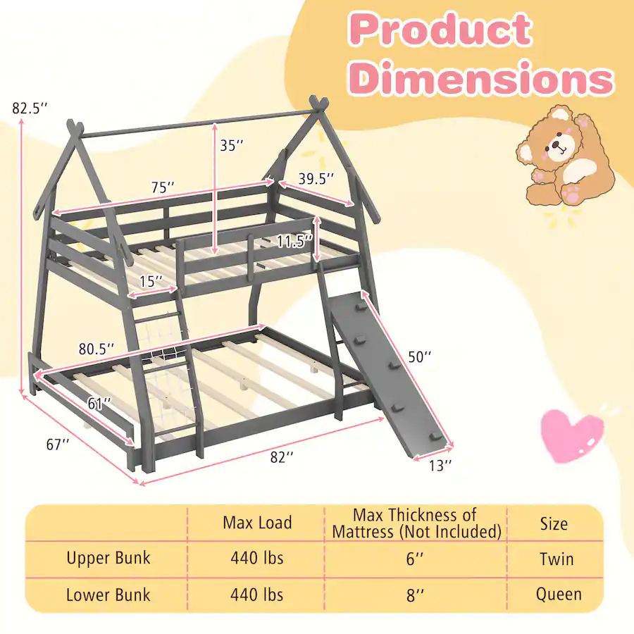 Full Size Loading Ramp Costway Twin Over Queen Bunk Bed House Shaped Bed Frame with Climbing ...