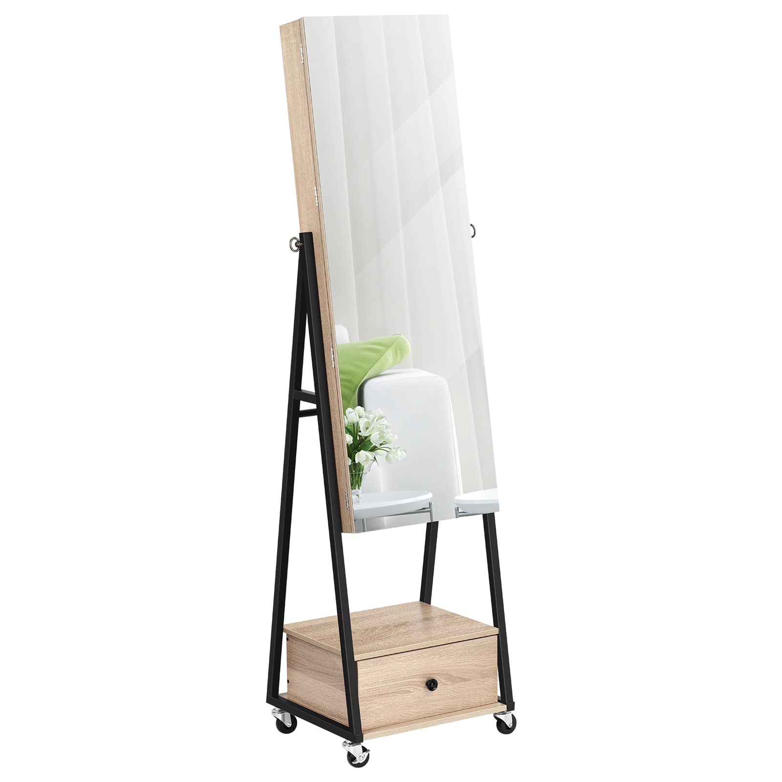 Oumilen - Rolling Lockable Jewelry Armoire with Full-Length Mirror & Storage Drawer - Yellow