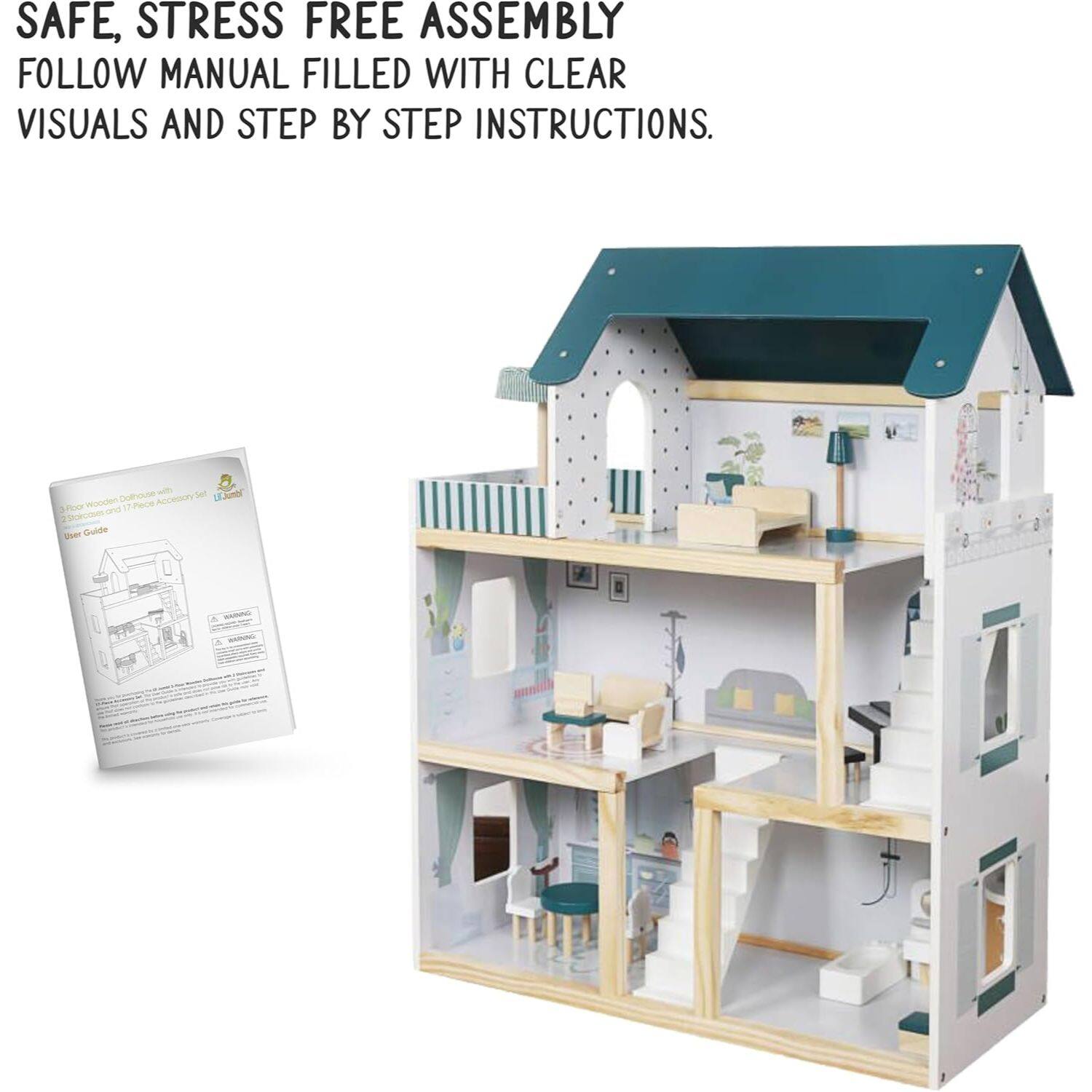 SAFE, STRESS FREE ASSEMBLY  
FOLLOW MANUAL FILLED WITH CLEAR VISUALS AND STEP BY STEP INSTRUCTIONS.  

3 Floor Wooden Playhouse with 17-Page Accessory Set  
User Guide