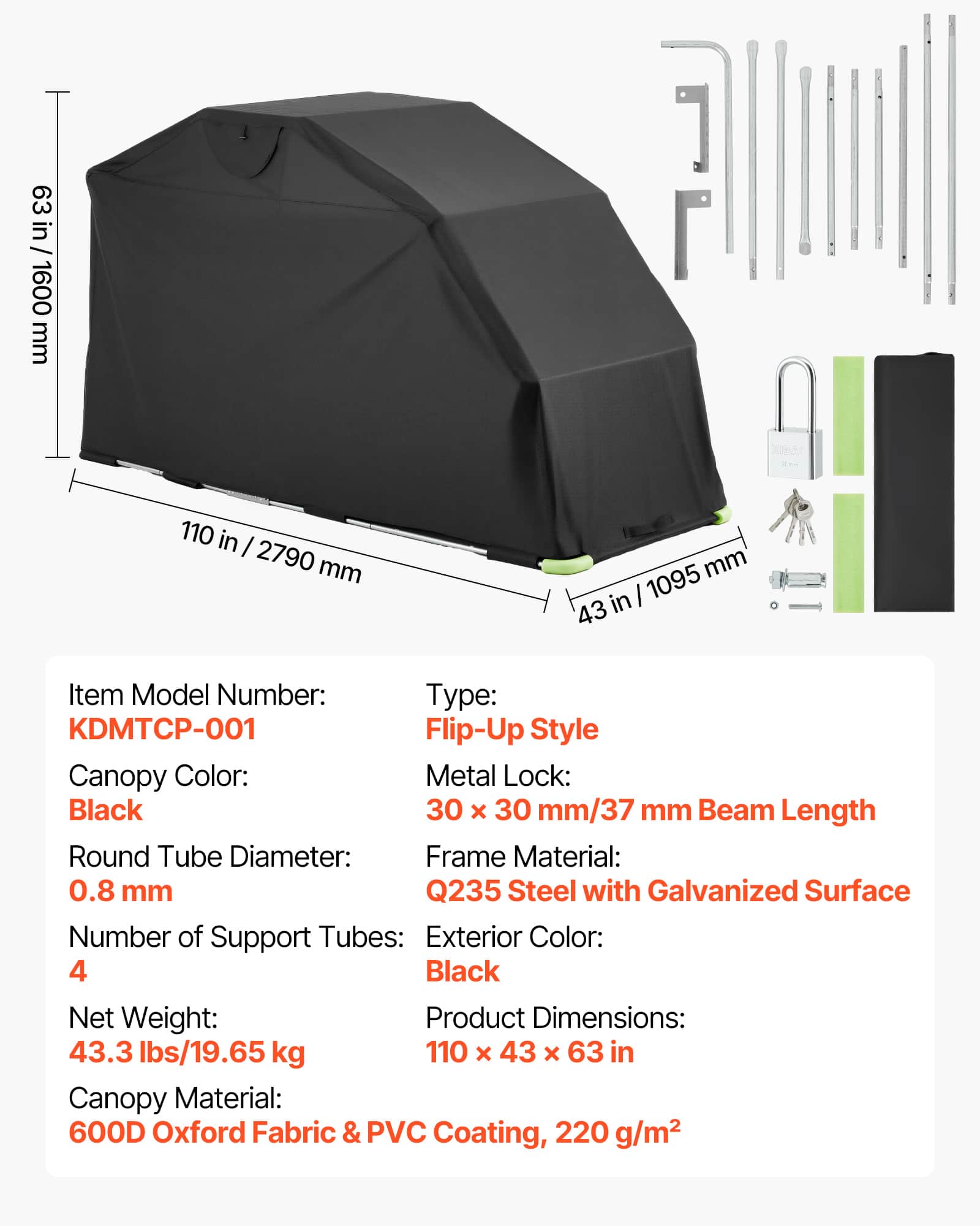 VEVOR Motorcycle Storage Shelter with Security Lock, 600D Oxford