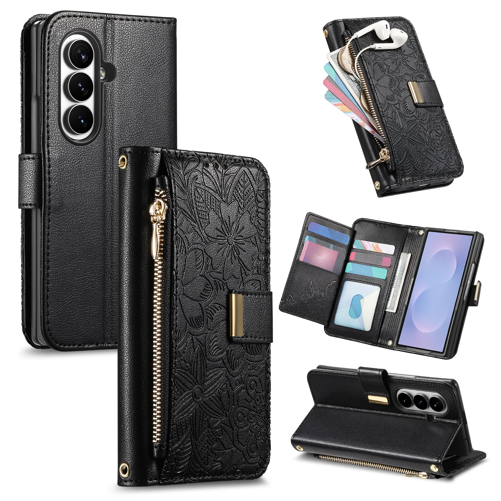 Dteck - Flower Wallet Case for Samsung Galaxy Z Fold8 Ultra (2026), Embossed PU Leather Zipper Pocker Card Slots Folio Cover - Black price history on PriceWatchPro