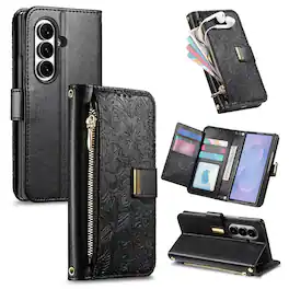 UUCOVER - Zipper Wallet Embossed Case for Samsung Galaxy Z Fold 8 Ultra,Shockproof Leather+PC Magnetic Case Card Slots Stand Cover - Black
