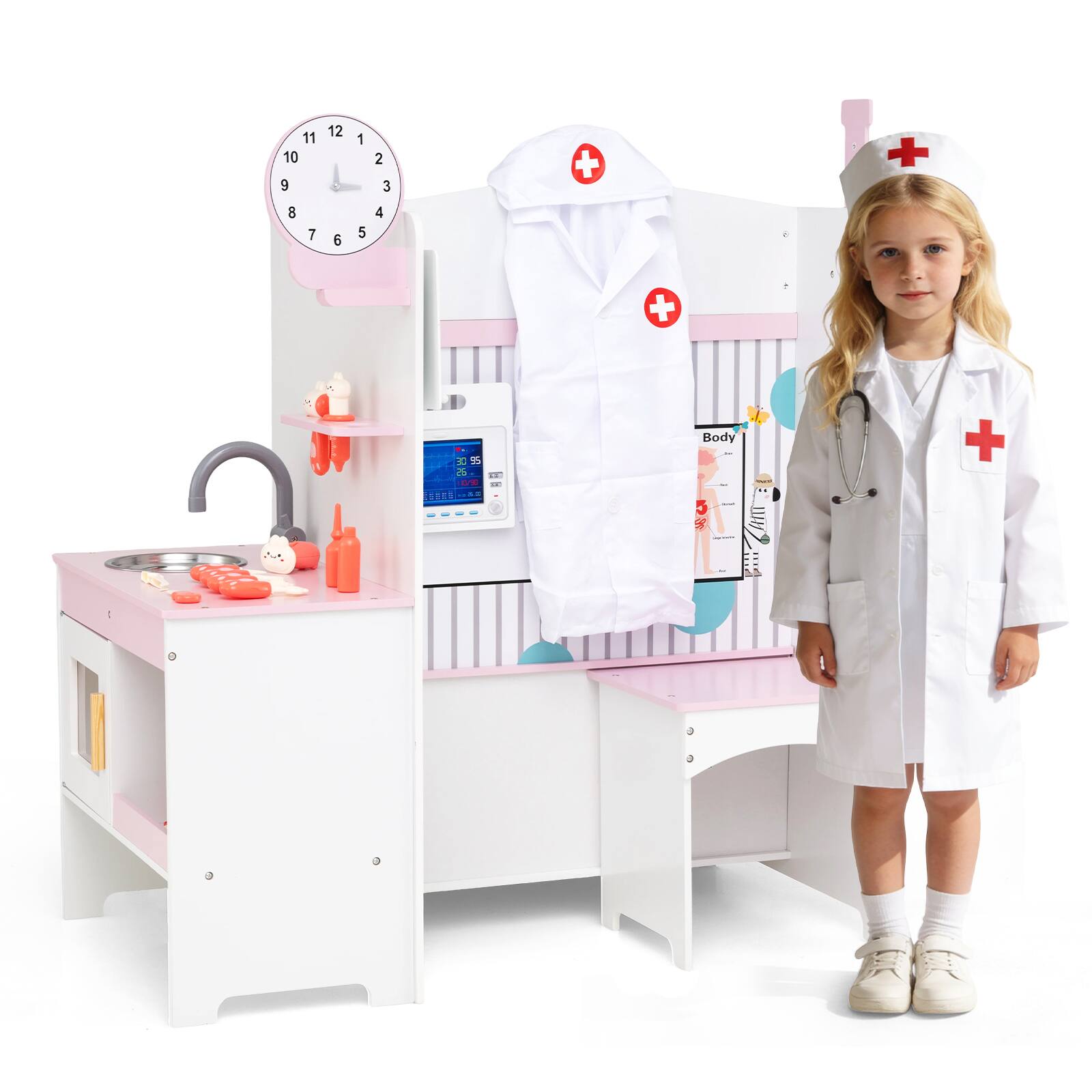 Gymax - Kids Doctor Play Set w/Faucet Sink ECG Monitor Body Parts Diagram Clock White - Pink price history on PriceWatchPro
