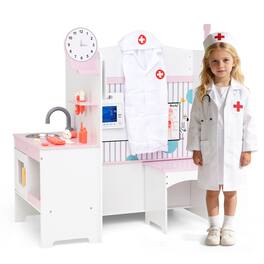 Gymax - Kids Doctor Play Set w/Faucet Sink ECG Monitor Body Parts Diagram Clock White - Pink