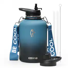Coolflask - Insulated Water Bottle with Strap - Straw & Spout Lids - Keep Cold 48h - 64oz Blue