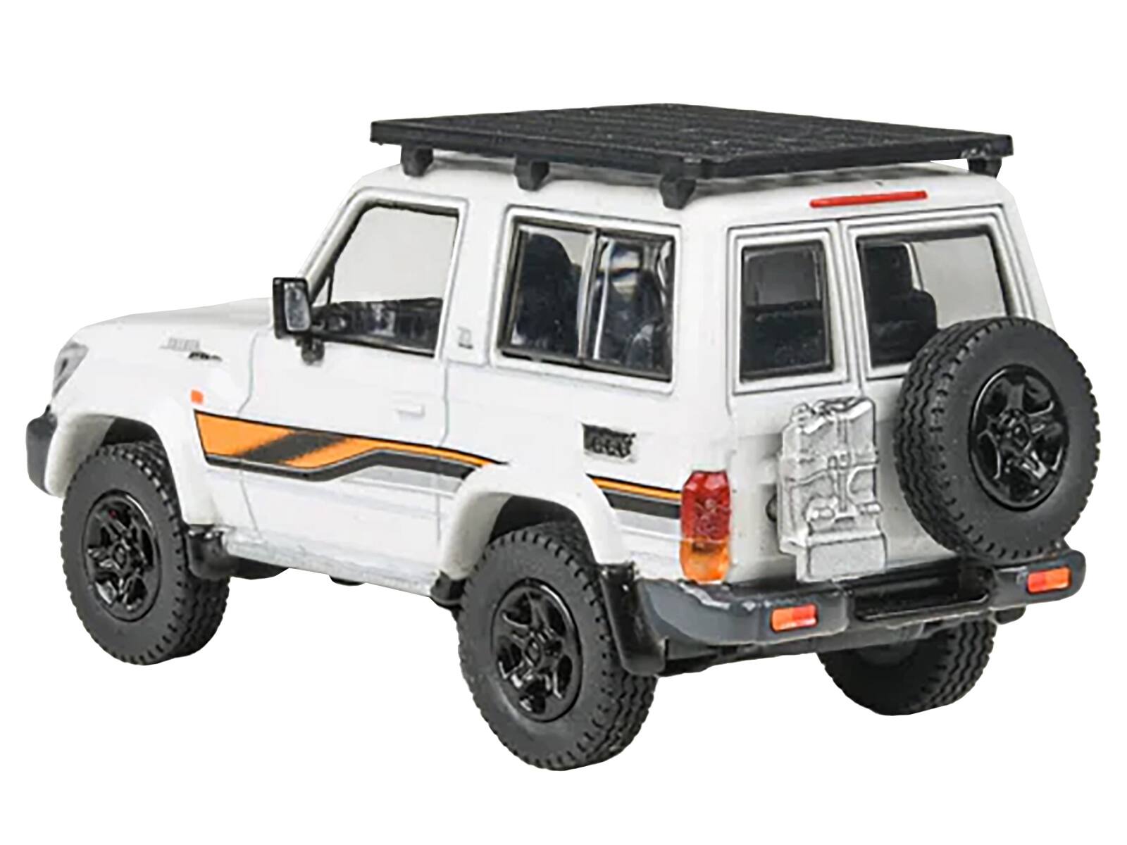 Left. Paragon - 2023 Toyota Land Cruiser 71 White "70th Anniversary" with Stripes and Roofrack 1/64 Diecast Model Car by Paragon Models - White.