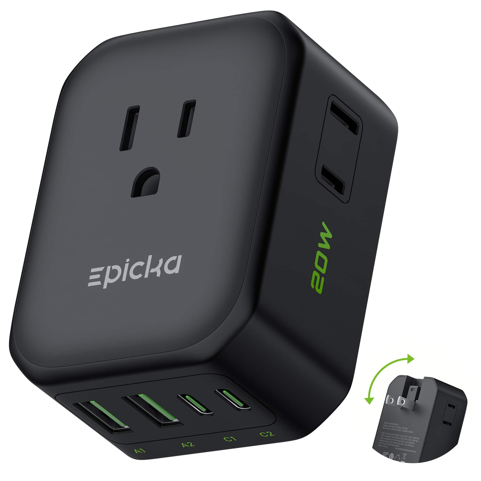 Epicka - Hybrid Wall Charger 8 Outlet Multi Plug Dorm Room Essentials Wall Outlet Extender with 4 USB Ports(2USB C PD 20W) - Black