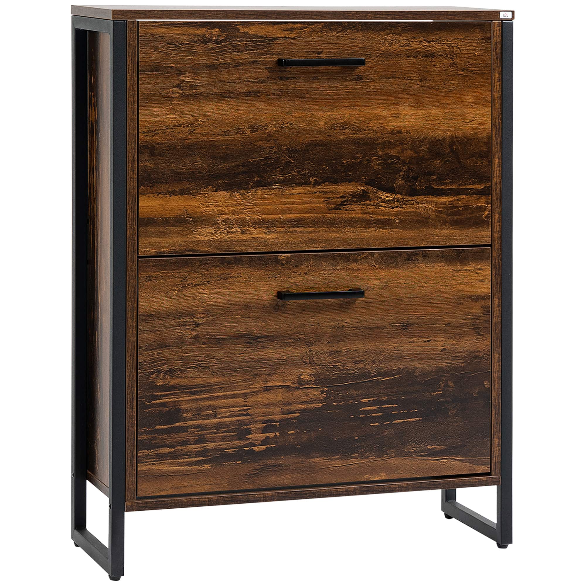 Front. Homcom - Industrial Shoe Cabinet with 2 Flip Drawers, Freestanding Shoe Storage Cabinet for 12 Pairs - Rustic Brown.