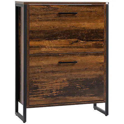 Front. Homcom - Industrial Shoe Cabinet with 2 Flip Drawers, Freestanding Shoe Storage Cabinet for 12 Pairs - Rustic Brown.