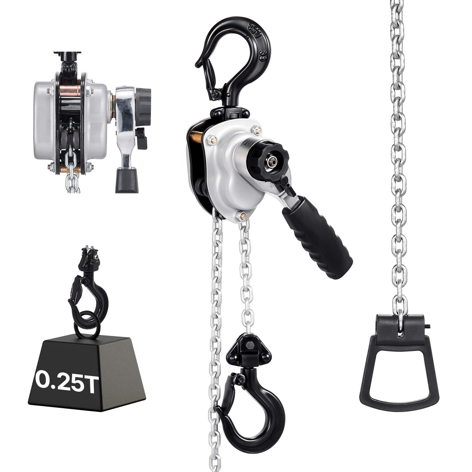 VEVOR - Manual Lever Chain Hoist,1/4T 550LBS Capacity Come Along,10FT Lift G80 Alloy Steel Chain With Dual Pawl Mechanical Brake - Sliver and Black