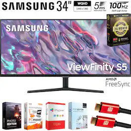 Samsung - 34” ViewFinity S5 Ultrawide QHD 100Hz AMD FreeSync Monitor with HDR10 + 26 Month Extended Warranty Protection Bundle - Black