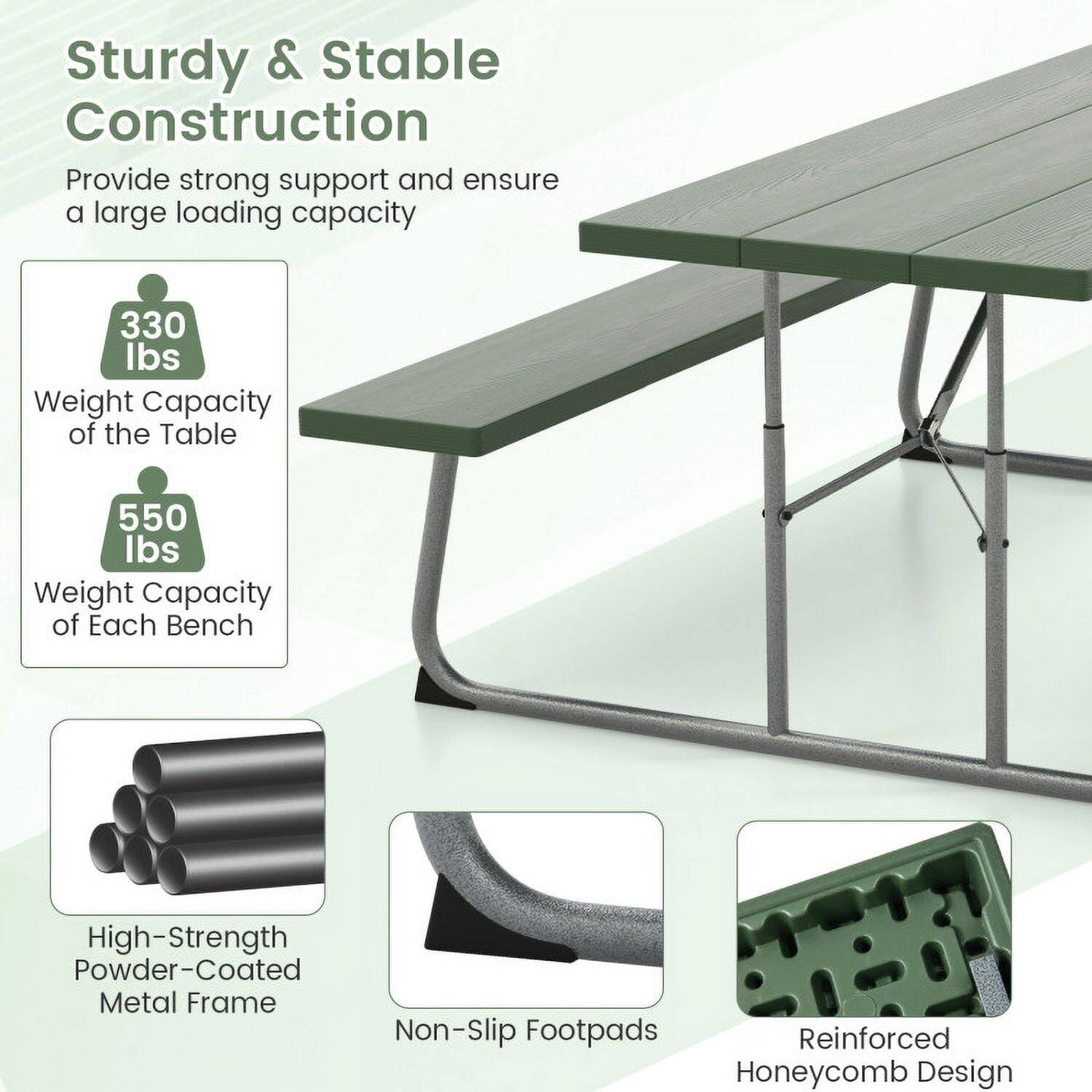 Sturdy & Stable Construction  
Provide strong support and ensure a large loading capacity  

330 lbs Weight Capacity of the Table  
550 lbs Weight Capacity of Each Bench  

High-Strength Powder-Coated Metal Frame  
Non-Slip Footpads  
Reinforced Honeycomb Design