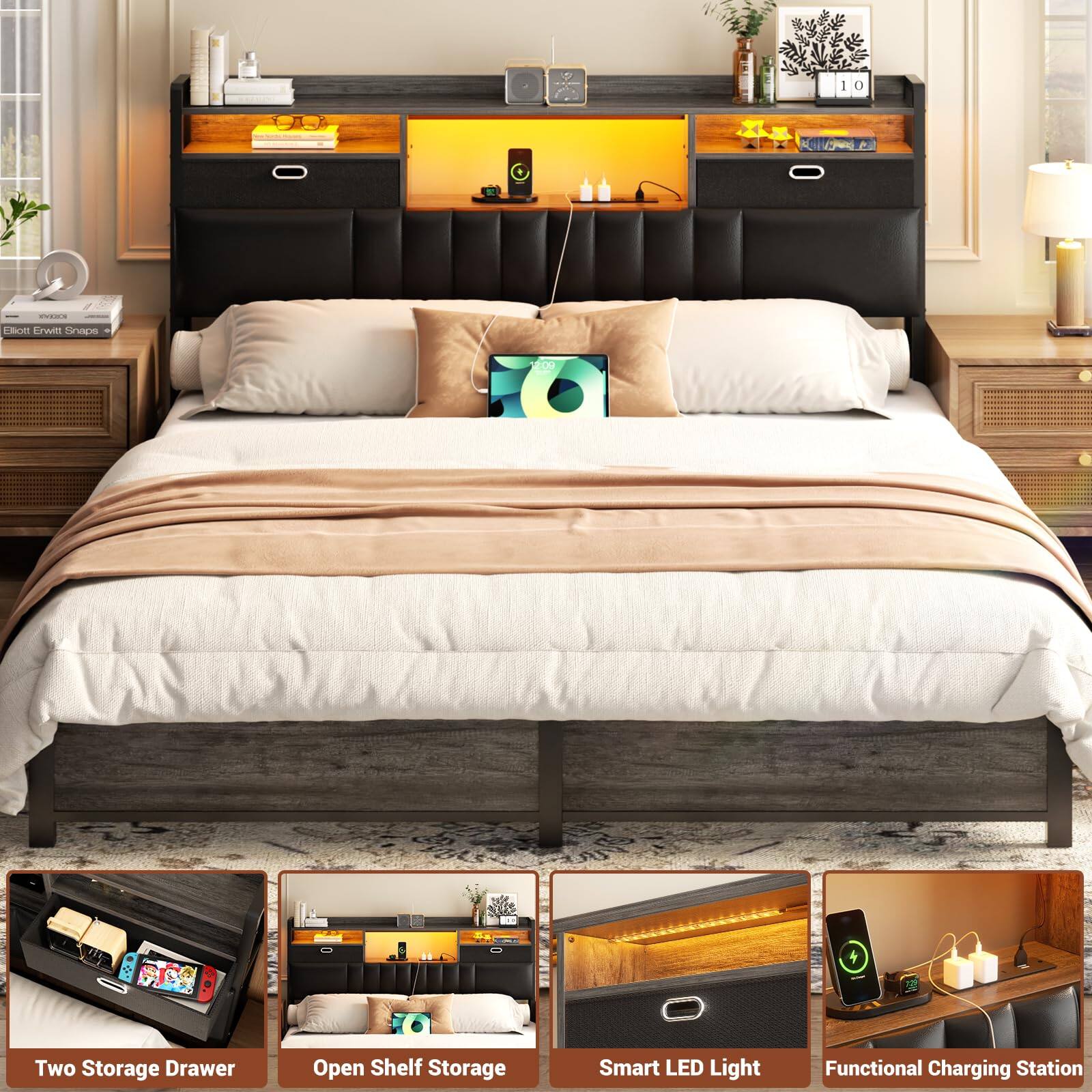 Two Storage Drawer Open Shelf Storage Smart LED Light Functional Charging Station