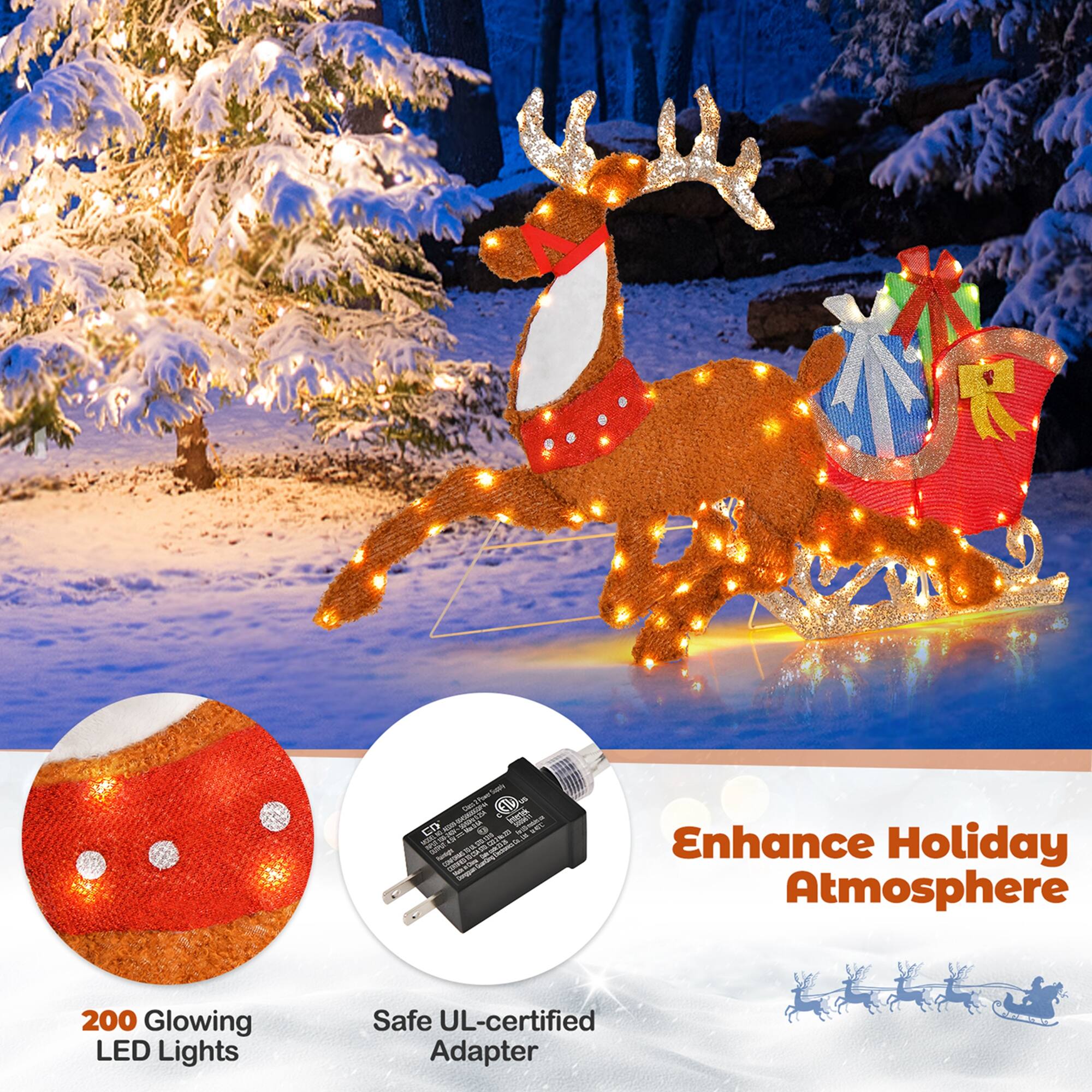 Enhance Holiday Atmosphere with 200 Glowing LED Lights. The safe, UL-certified adapter is perfect for creating a festive ambiance.