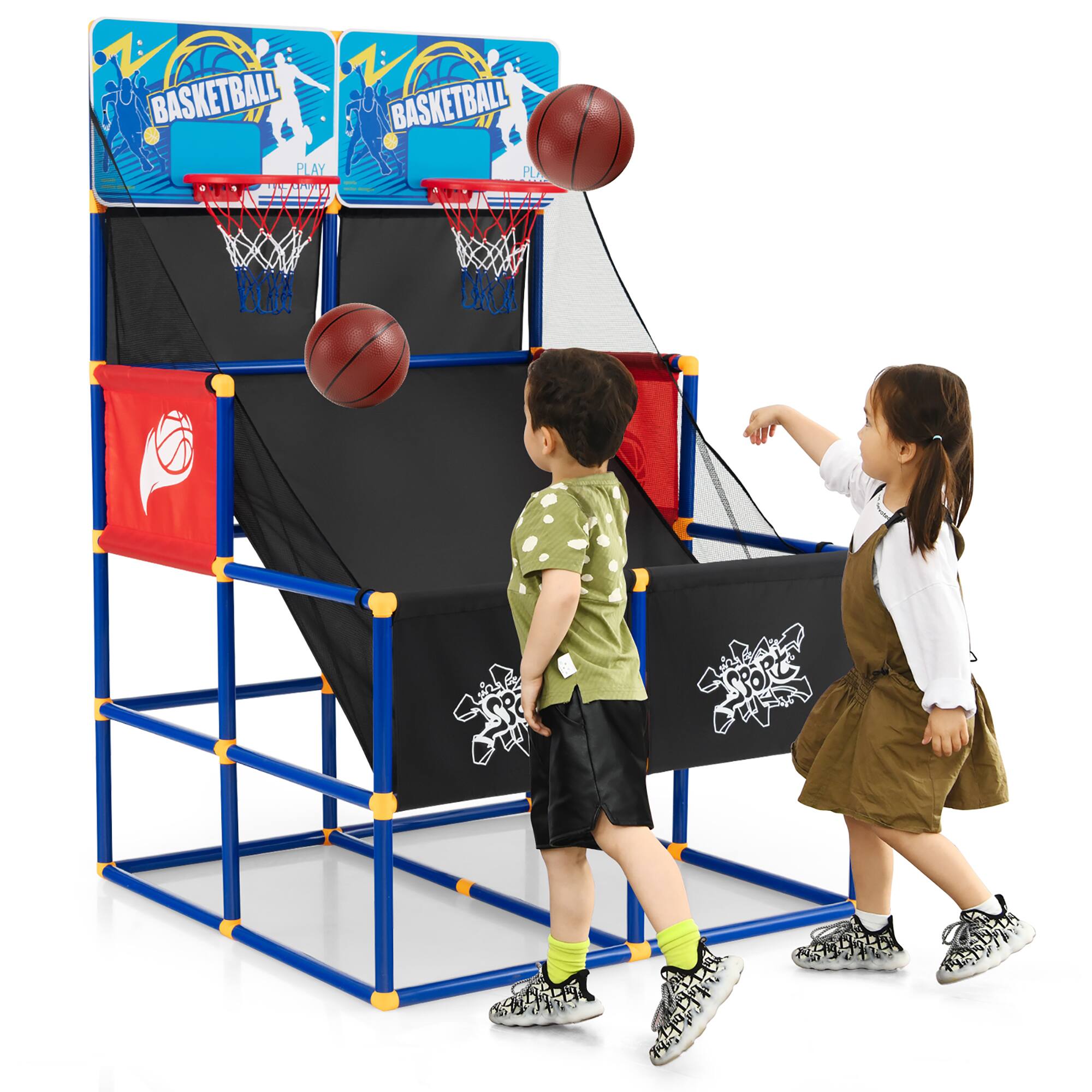Costway - Kids Dual Shot Basketball Arcade Game w/4 Balls Pump Easy Quick Assembling Gift - Black/Blue/Red