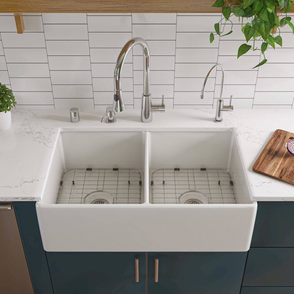 Alt View 6. Alfi - ALFI brand White 32 Smooth Apron Double Bowl Fireclay Farmhouse Kitchen Sink - White.