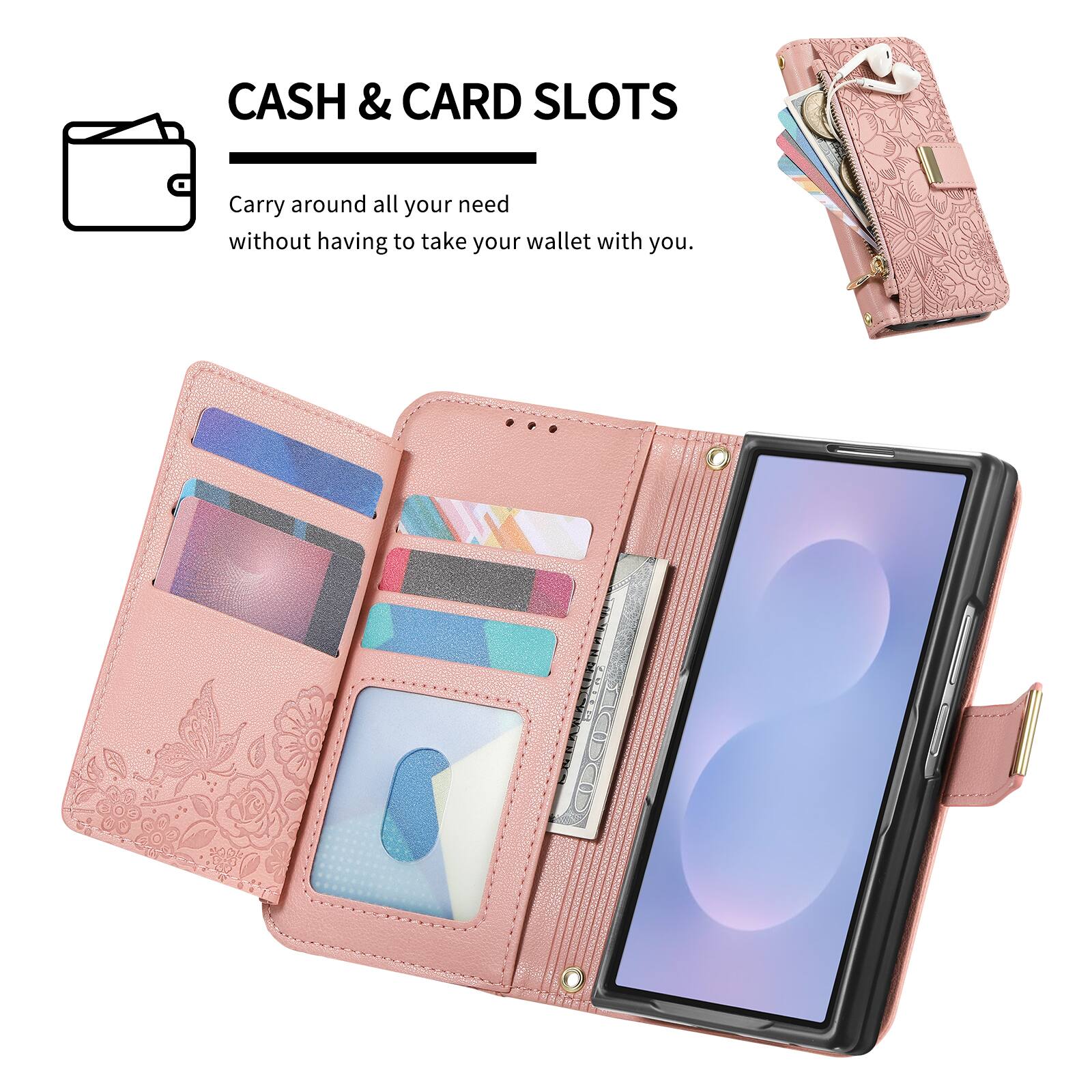 CASH & CARD SLOTS  
Carry around all your need without having to take your wallet with you.