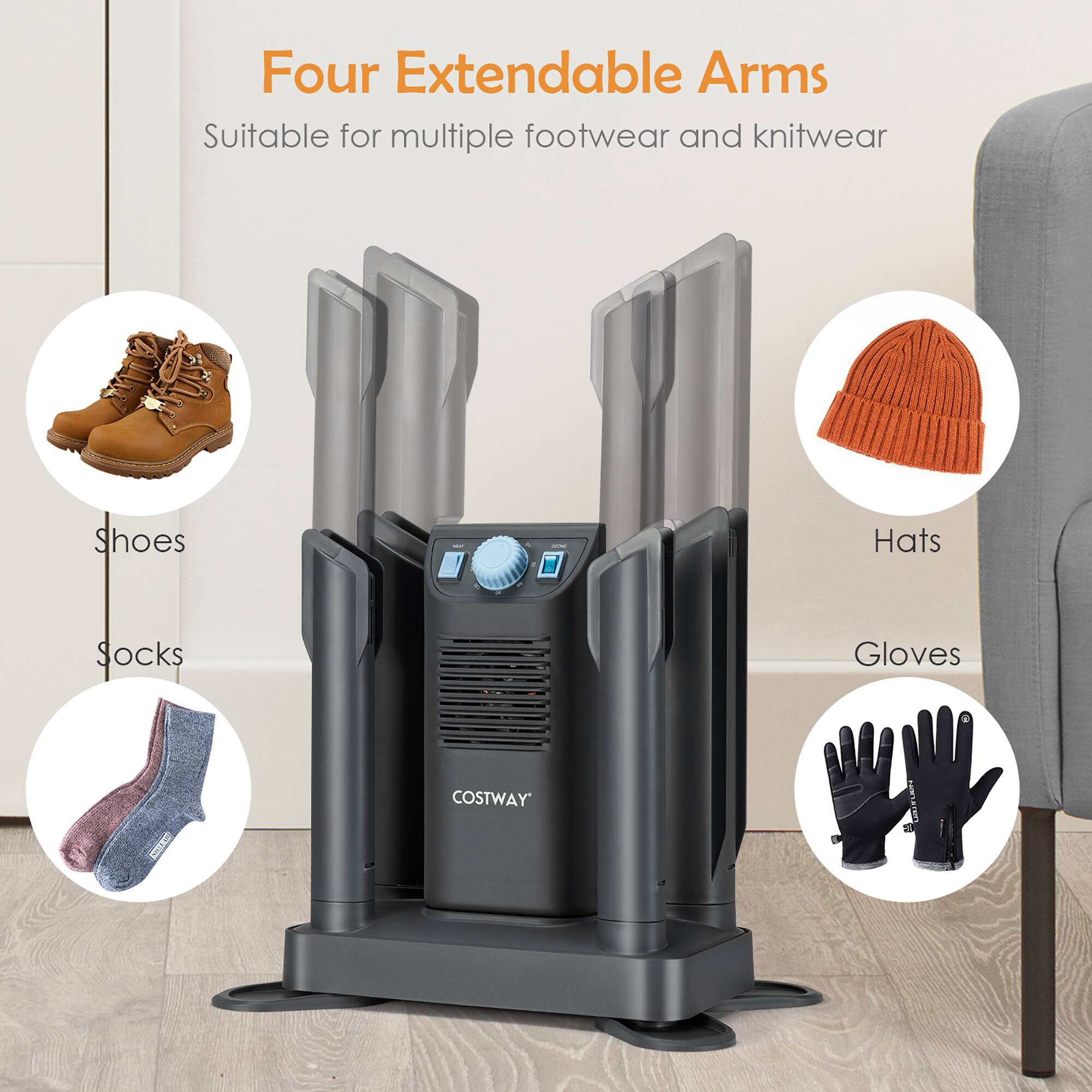 The text on the image reads: "Four Extendable Arms Suitable for multiple footwear and knitwear Shoes Hats Socks Gloves COSTWAY D TE."