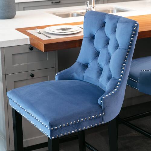 Alt View 4. LUCKY ONE - Assembled Velvet Bar Stool Set of 2 with Button Tufted Wood Legs Chrome Nailhead Trim - Blue.