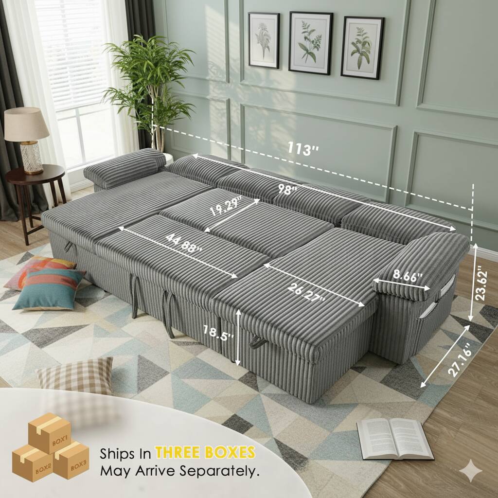 113"  
19.29"  
44"  
88"  
18.5"  
98"  
26.27"  
26.27"  
8.66"  
23.62"  
27.16"  

BOX1  
BOX2  
BOX3  

Ships In THREE BOXES  
May Arrive Separately.