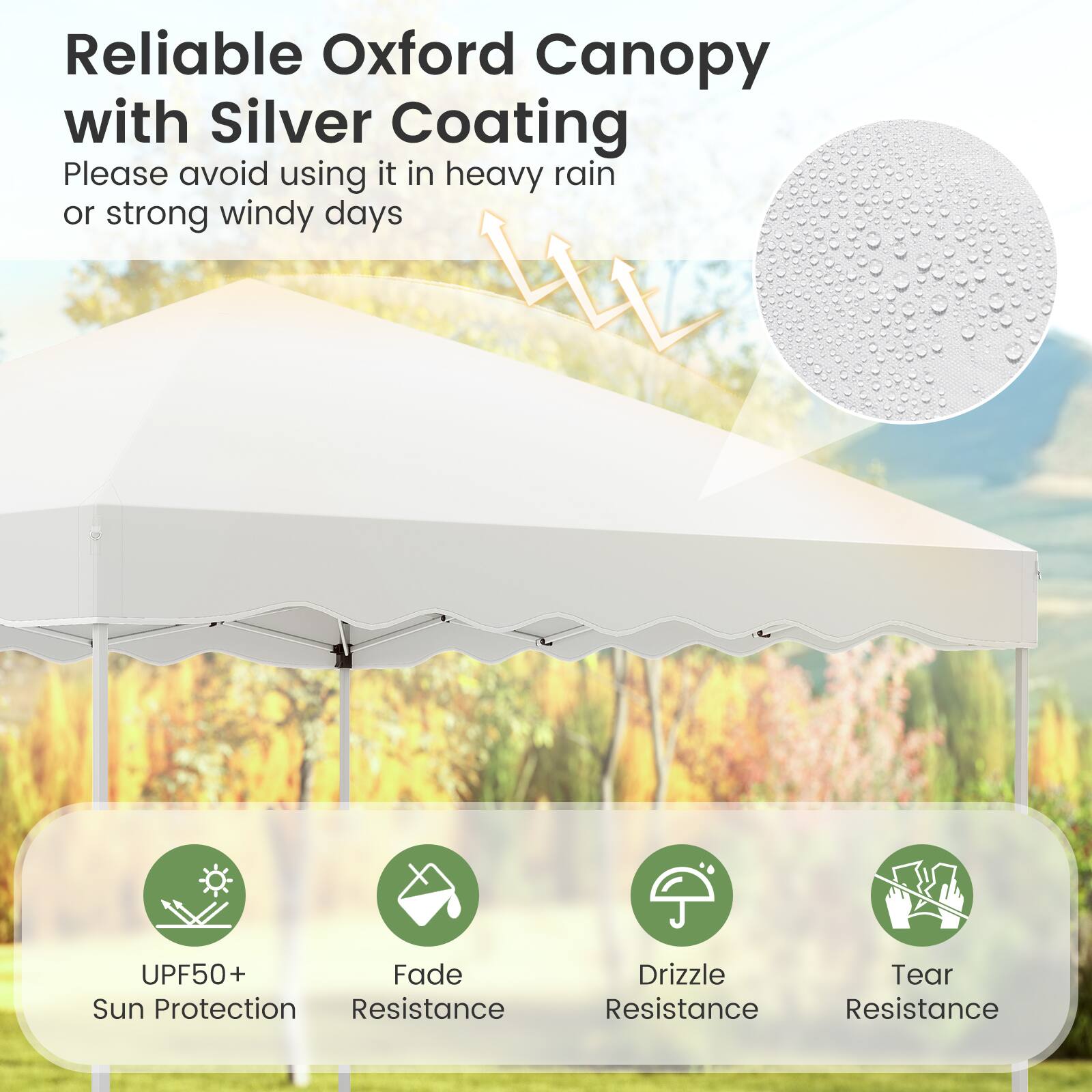 Reliable Oxford Canopy with Silver Coating

Please avoid using it in heavy rain or strong windy days.

- UPF50+ Sun Protection
- Fade Resistance
- Drizzle Resistance
- Tear Resistance