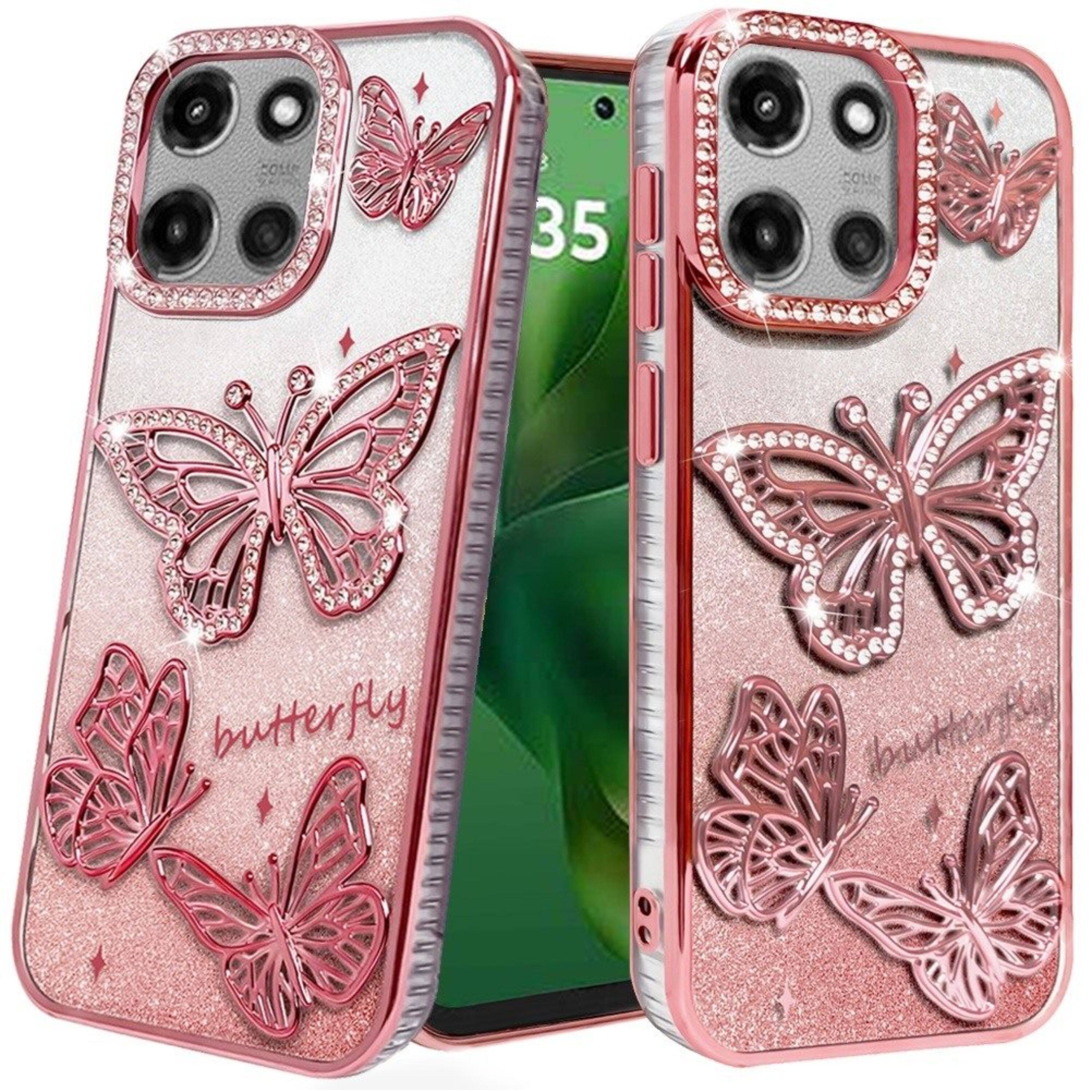 Angle. Kitcheniva - Elegant Butterfly Jewel Glitter Protective Case With Tempered Glass For Moto G Power 2025/2026 Rose Gold - Rose Gold.