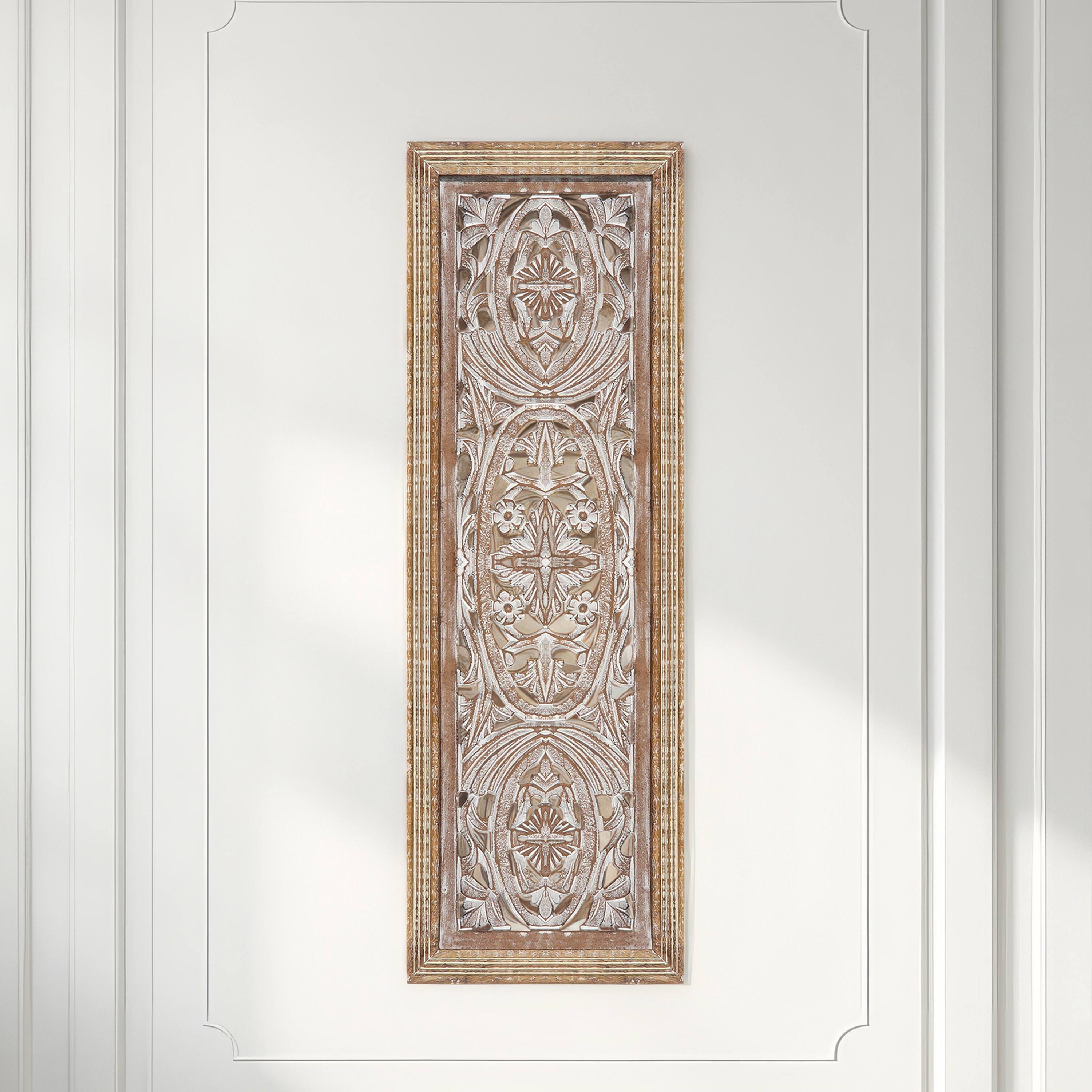 Alt View 6. Manhattan Lane - Rectangular Mango Wood Wall Panel Hand Crafted With Intricate Carving - White and Brown.