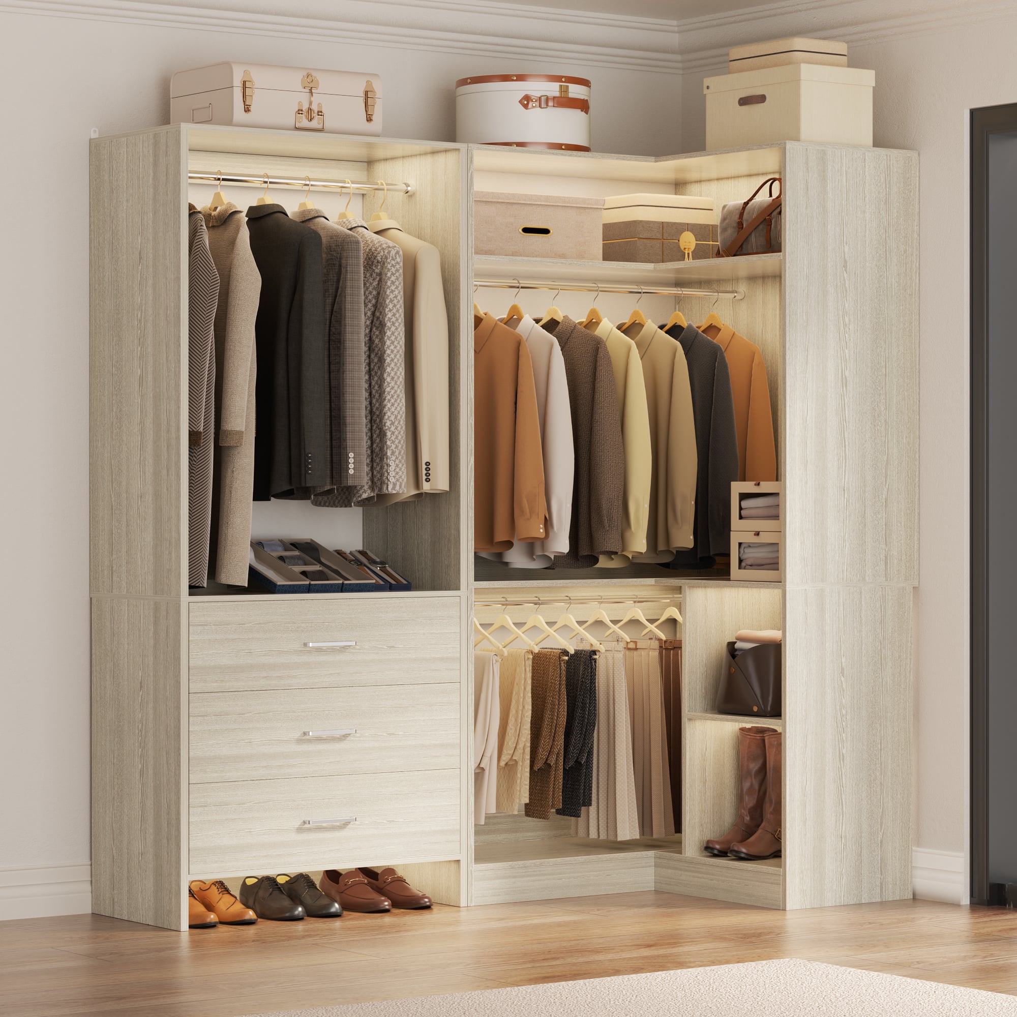 Aheaplus - Corner Wardrobe Closet System - With 3 Drawers, 2 Hanging Rods and Open Storage Shelves - Beige Oak price history on PriceWatchPro