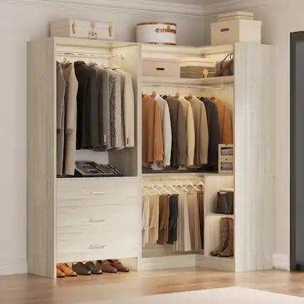 Front. Aheaplus - Corner Wardrobe Closet System - With 3 Drawers, 2 Hanging Rods and Open Storage Shelves - Beige Oak.