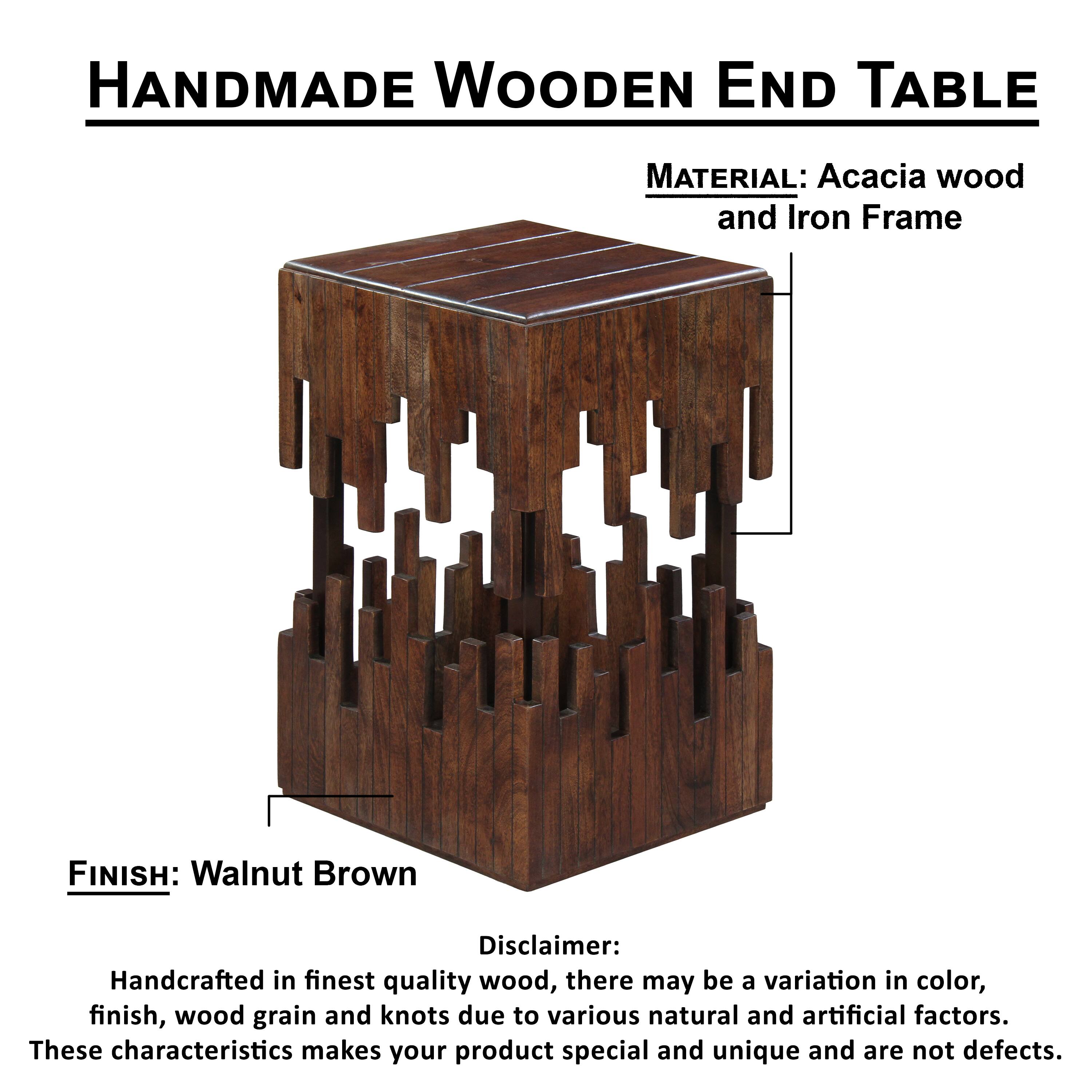 HANDMADE WOODEN END TABLE
MATERIAL: Acacia wood and Iron Frame
FINISH: Walnut Brown
Disclaimer: Handcrafted in finest quality wood, there may be a variation in color, finish, wood grain and knots due to various natural and artificial factors. These characteristics makes your product special and unique and are not defects.