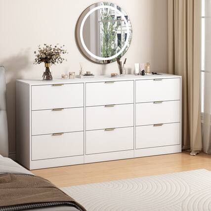 Front. Z-Edge - 9 Drawer Dresser for Bedroom with Deep Drawers, 63" Wide Large Floor Wood Dressers & Chest of Drawers for Living Room - White.
