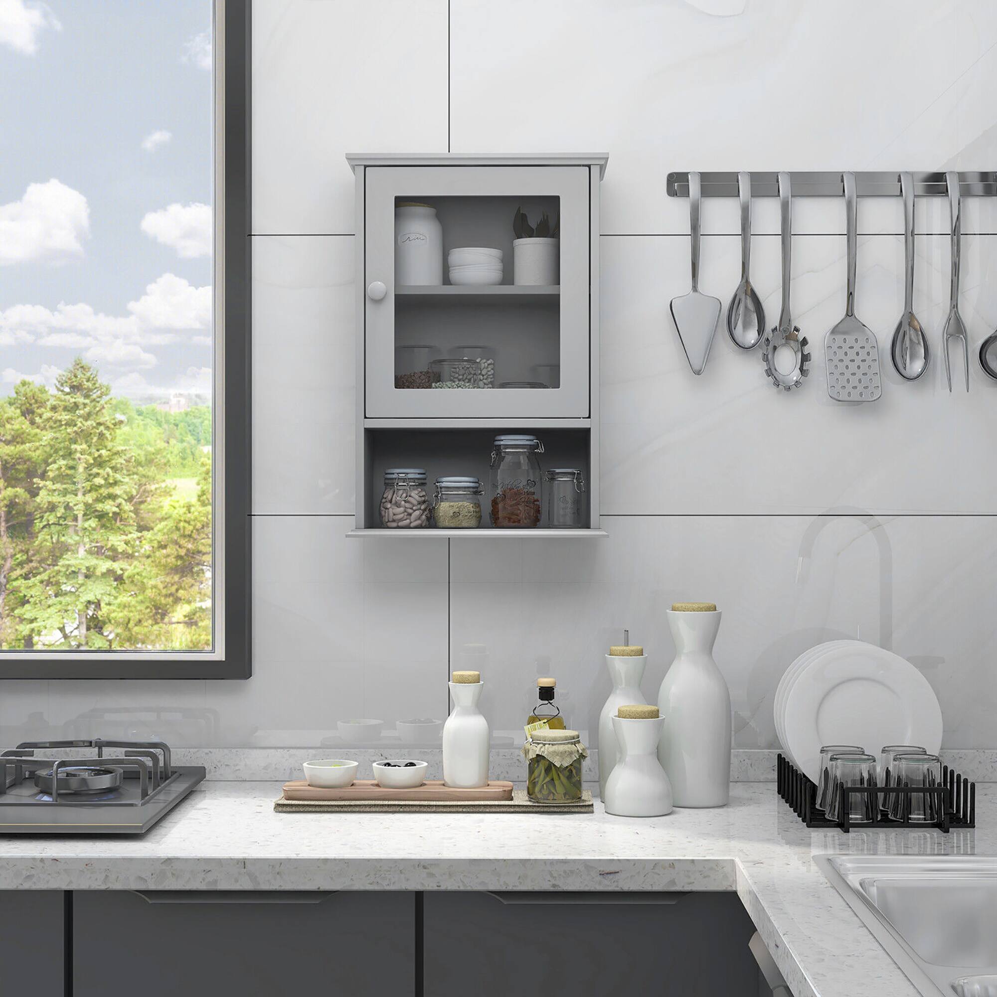 Alt View 4. Gymax - Gymax Wall Mounted Bathroom Cabinet Storage Organize Hanging Medicine Adjustable Shelf - Grey.