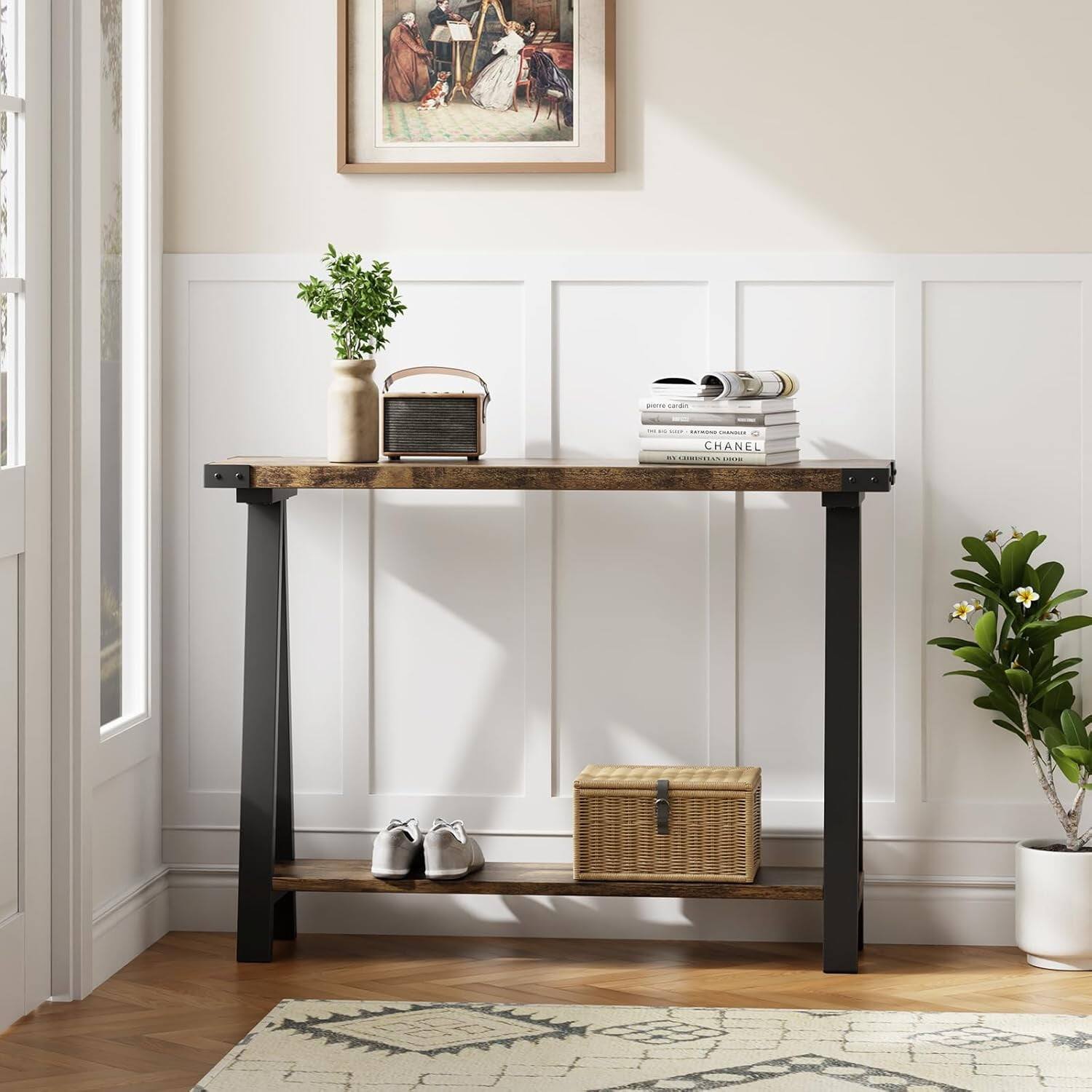 Left. Electrodes Masters - 43.3-Inch Wood Console Table - Narrow Entryway Sofa Table, Easy Assembly, Stylish Brown - Brown1.