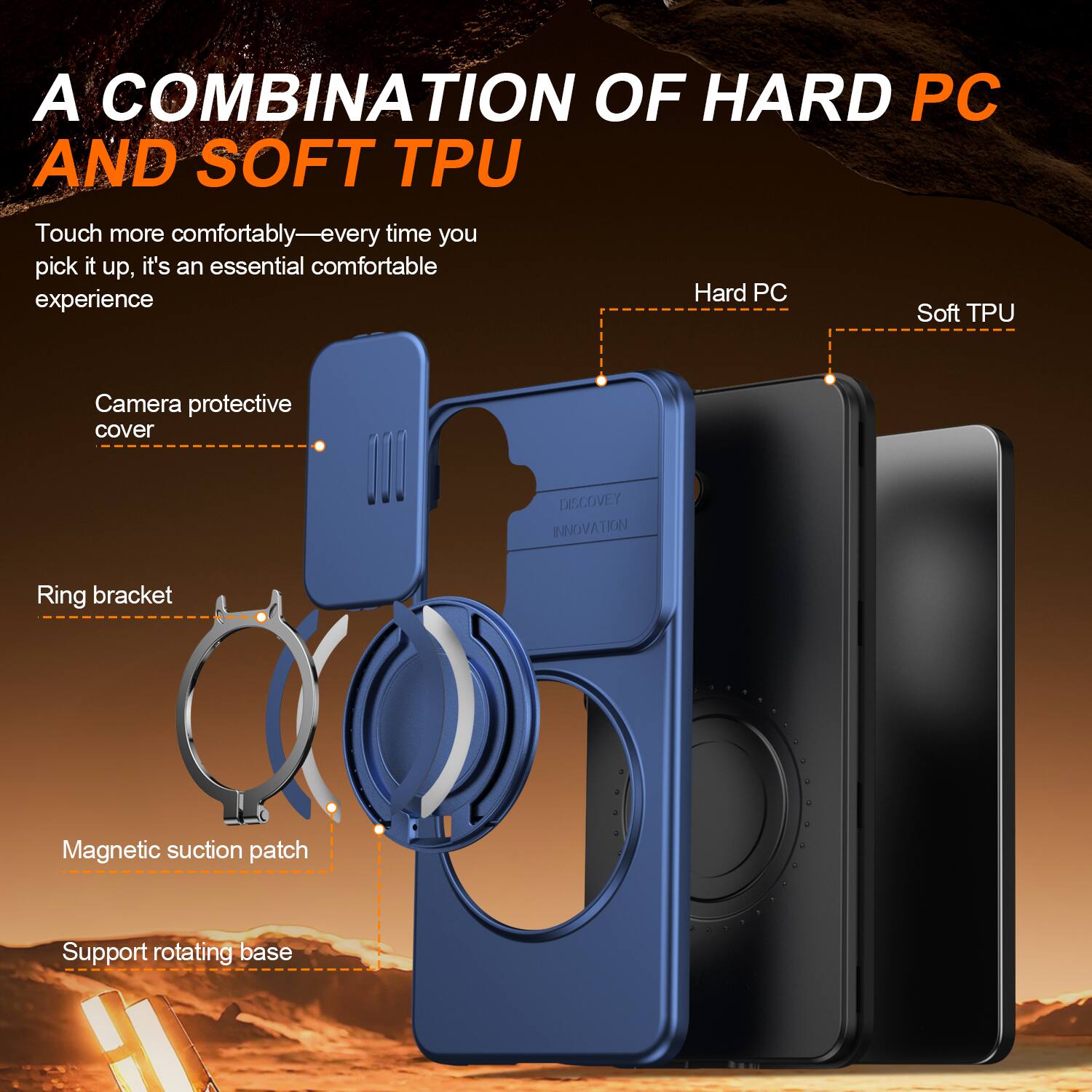 A COMBINATION OF HARD PC AND SOFT TPU

Touch more comfortably—every time you pick it up, it's an essential comfortable experience

Camera protective cover
Ring bracket
Magnetic suction patch
Support rotating base

Hard PC
Soft TPU