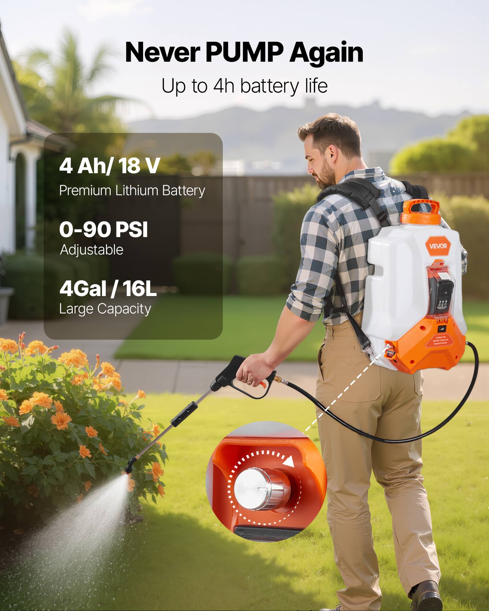 Never PUMP Again, Up to 4h battery life, 4 Ah/ 18 V Premium Lithium Battery, 0-90 PSI Adjustable, 4Gal /16L Large Capacity