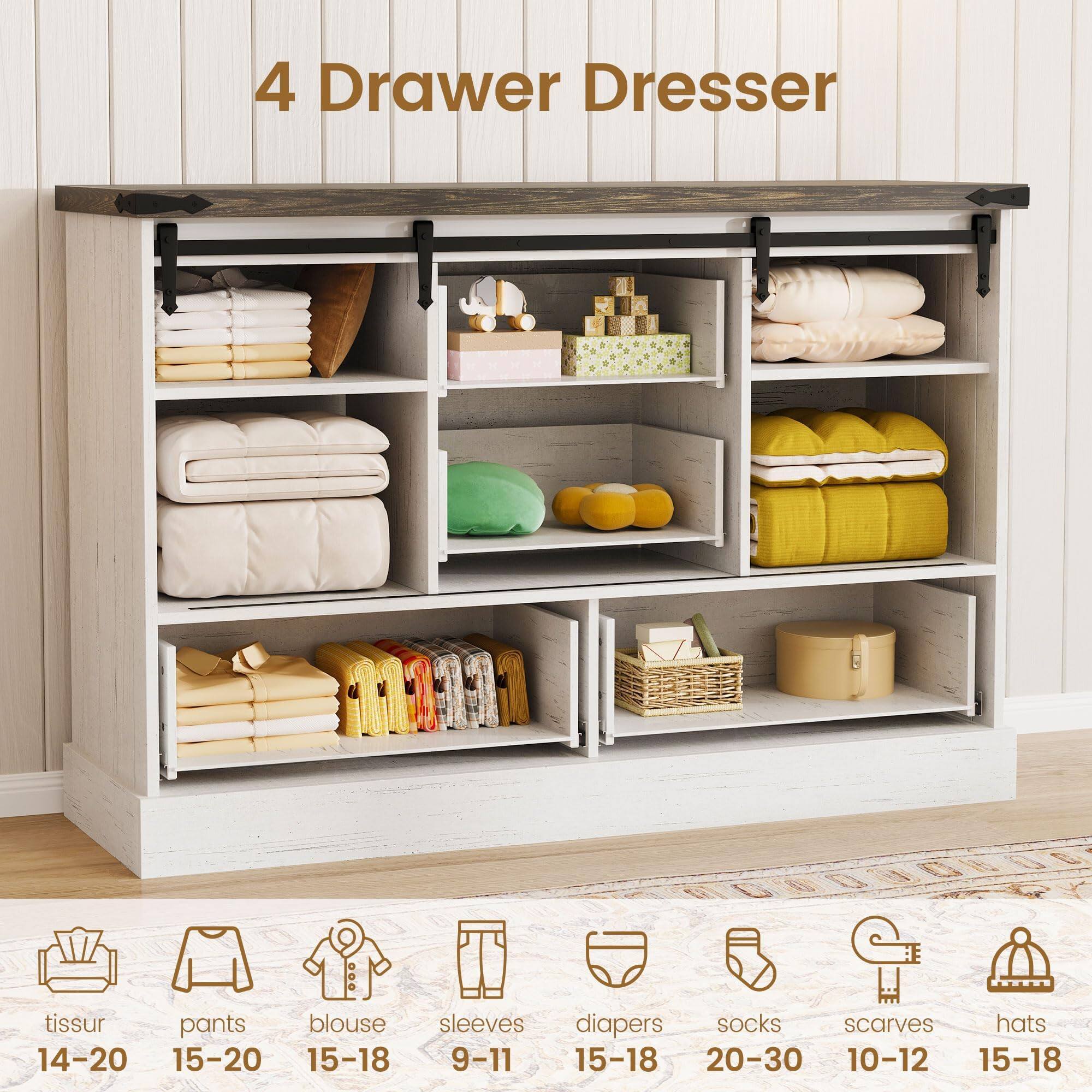 4 Drawer Dresser

- tissur: 14-20
- pants: 15-20
- blouse: 15-18
- sleeves: 9-11
- diapers: 15-18
- socks: 20-30
- scarves: 10-12
- hats: 15-18