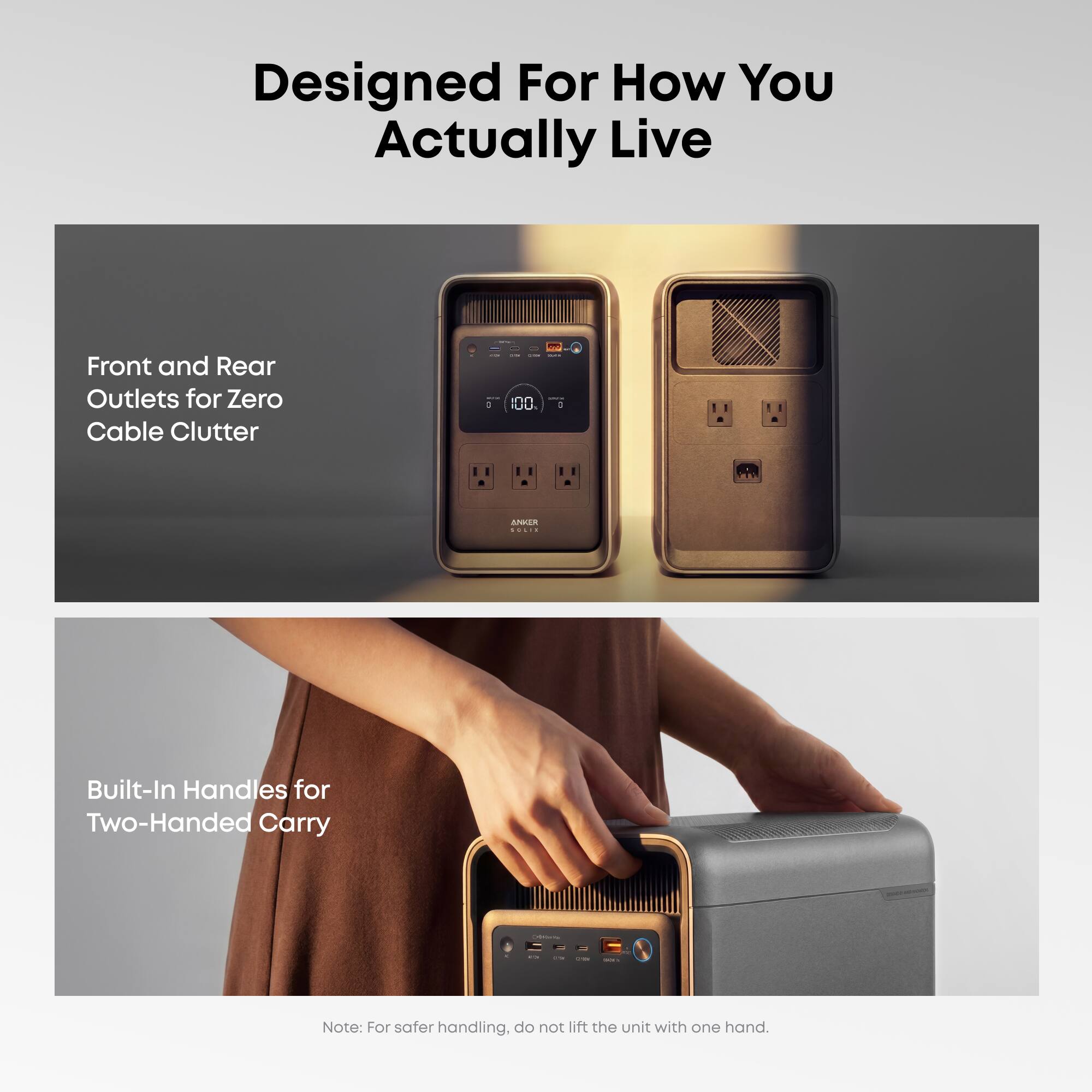 Designed For How You Actually Live

Front and Rear Outlets for Zero Cable Clutter

Built-In Handles for Two-Handed Carry

Note: For safer handling, do not lift the unit with one hand.