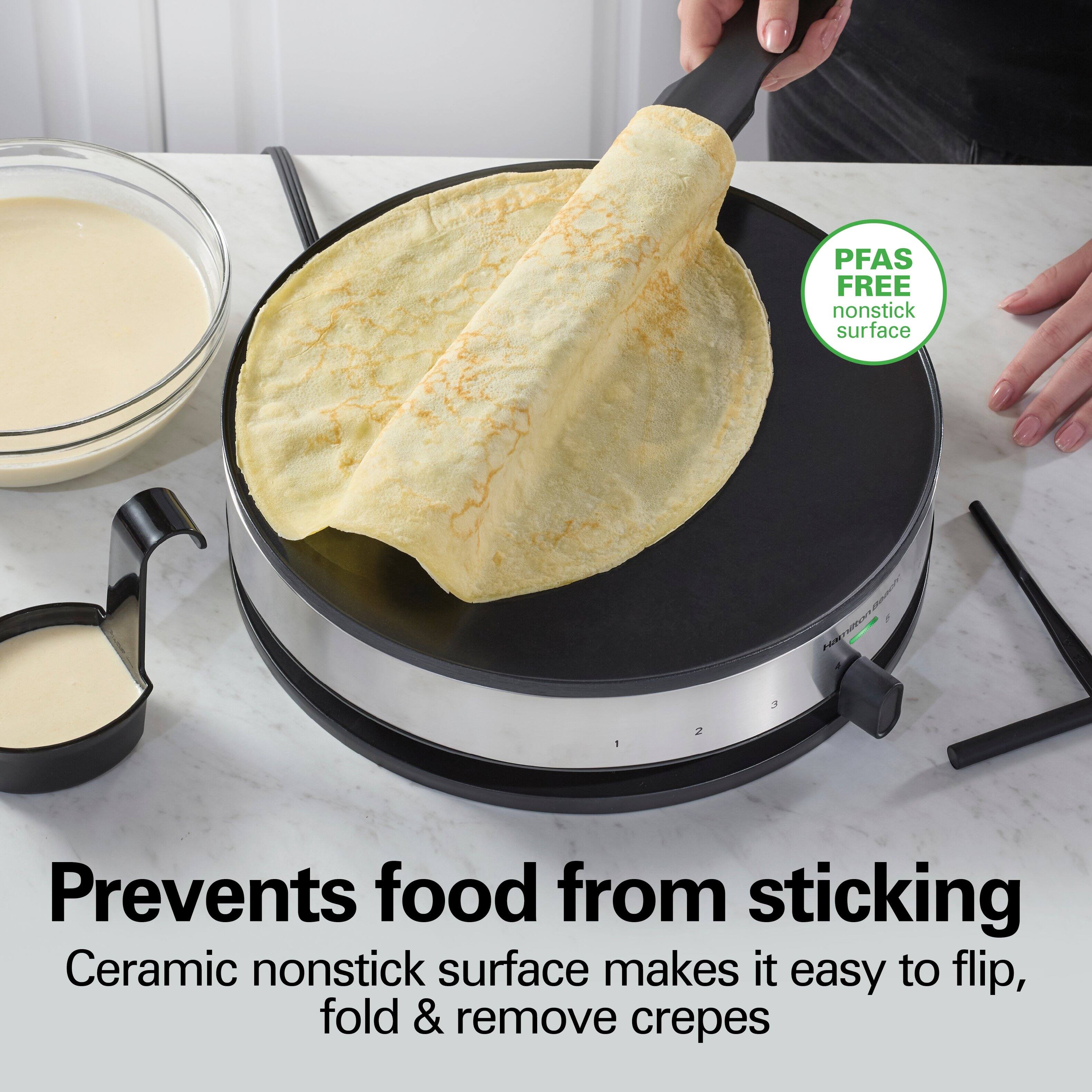 PFAS FREE nonstick surface

Prevents food from sticking

Ceramic nonstick surface makes it easy to flip, fold & remove crepes