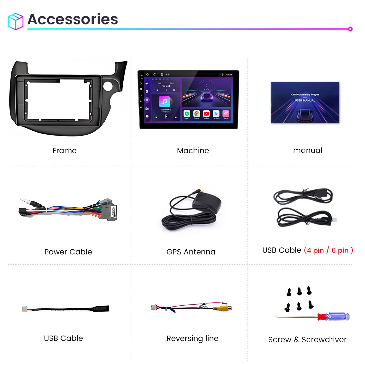 Accessories

- Frame
- Machine
- Manual
- Power Cable
- GPS Antenna
- USB Cable (4 pin / 6 pin)
- USB Cable
- Reversing line
- Screw & Screwdriver