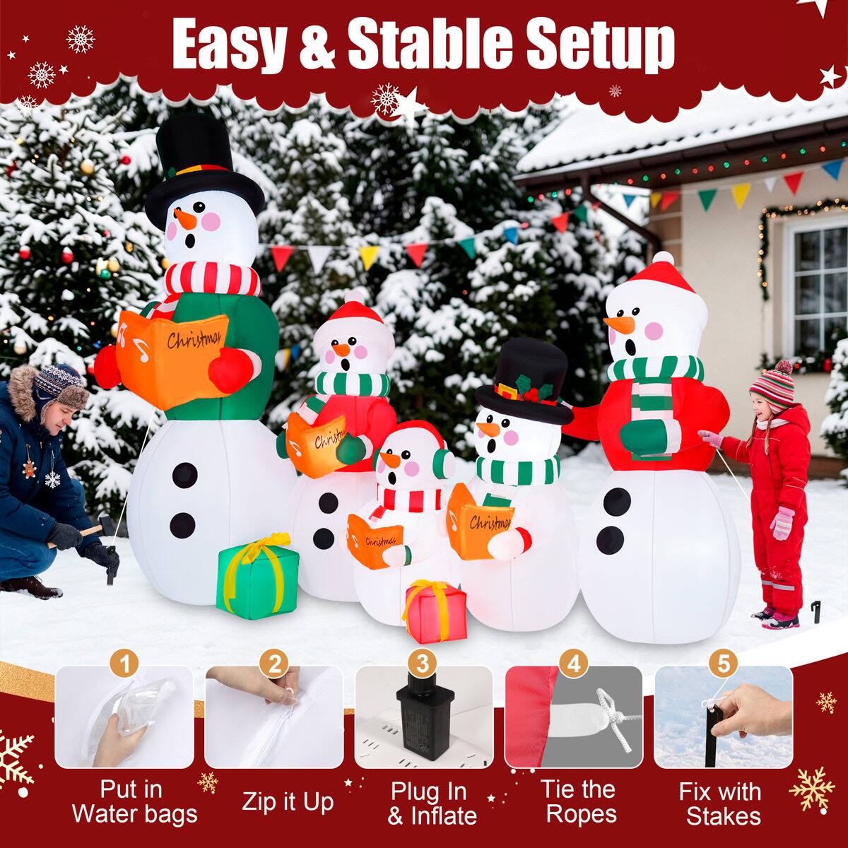 Easy & Stable Setup

1. Put in Water bags
2. Zip it Up
3. Plug In & Inflate
4. Tie the Ropes
5. Fix with Stakes