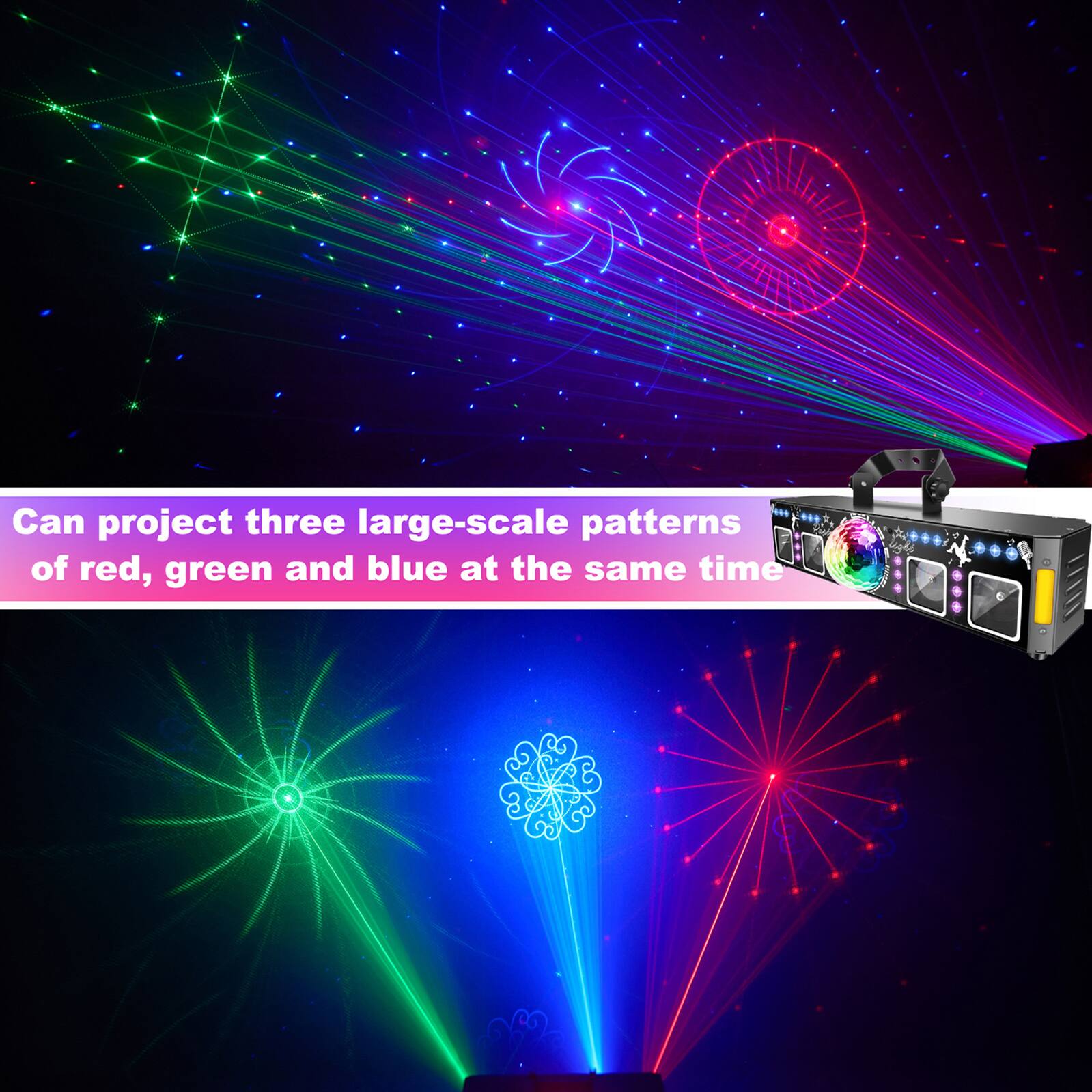 Can project three large-scale patterns of red, green and blue at the same time