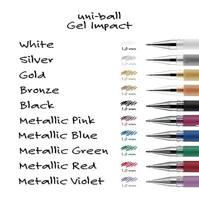 uni-ball Gel Impact

White  
Silver  
Gold  
Bronze  
Black  
Metallic Pink  
Metallic Blue  
Metallic Green  
Metallic Red  
Metallic Violet  

1.0 mm  
1.0 mm  
1.0 mm  
1.0 mm  
1.0 mm  
1.0 mm  
1.0 mm  
1.0 mm  
1.0 mm  

PLTOS 1.0  
WE 1.0  
PLPA 1.0  
BEAME 1.0