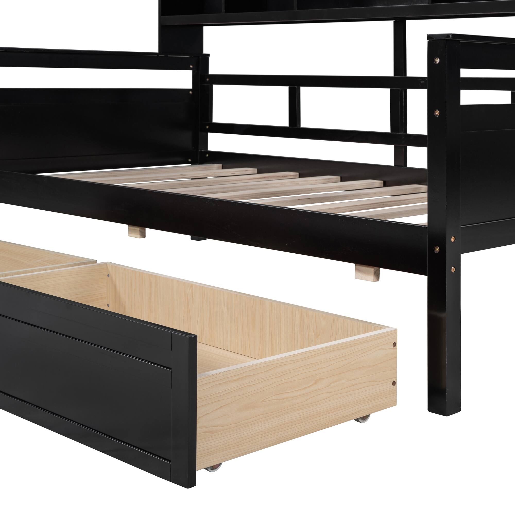 Alt View 2. Aukfa - Twin size Daybed, Wood Slat Support, with Bedside Shelves and Two Drawers - Espresso.