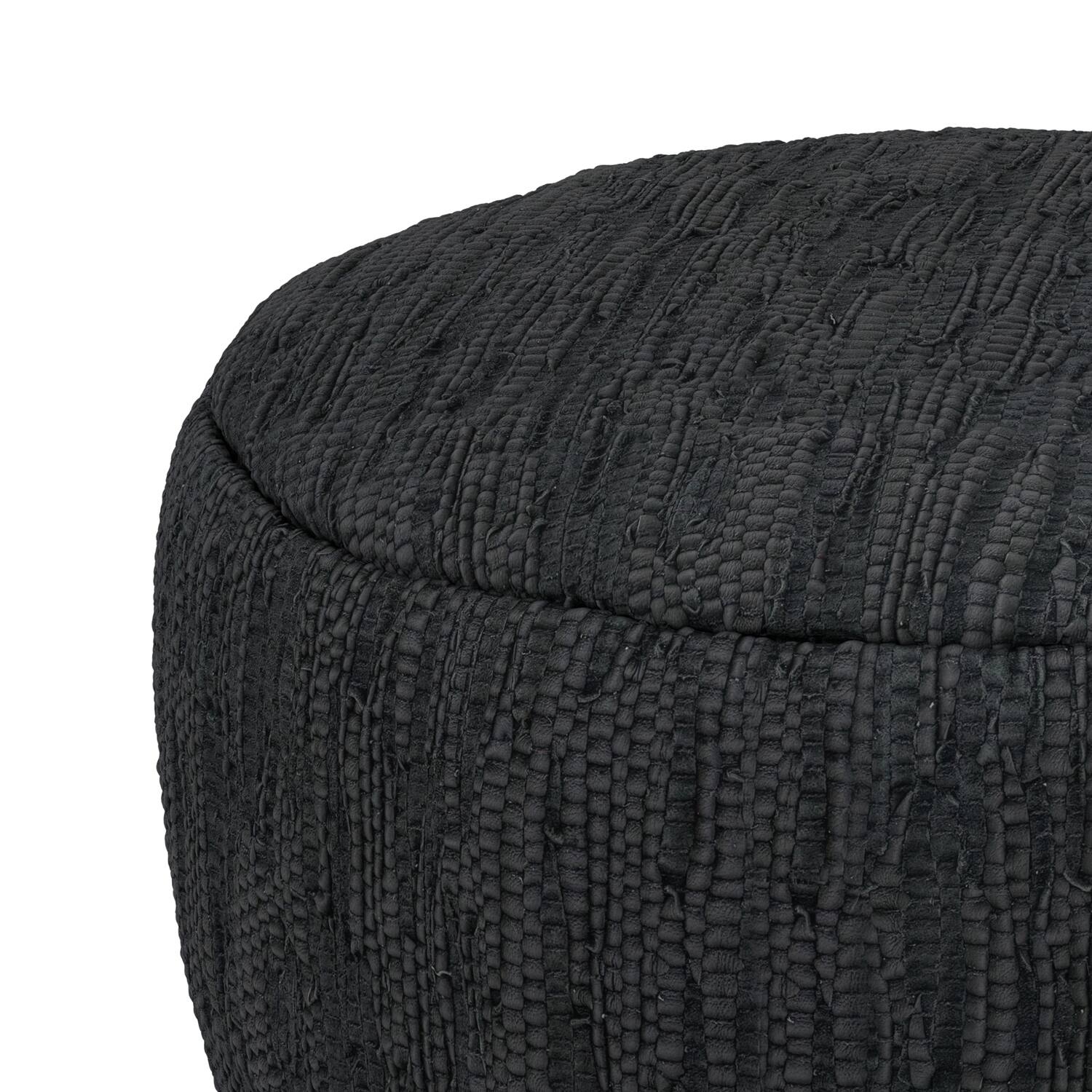 Alt View 2. Simpli Home - Fredrik 30 inch Wide Boho Pouf in Black Genuine Woven Leather, Assembled - Black.